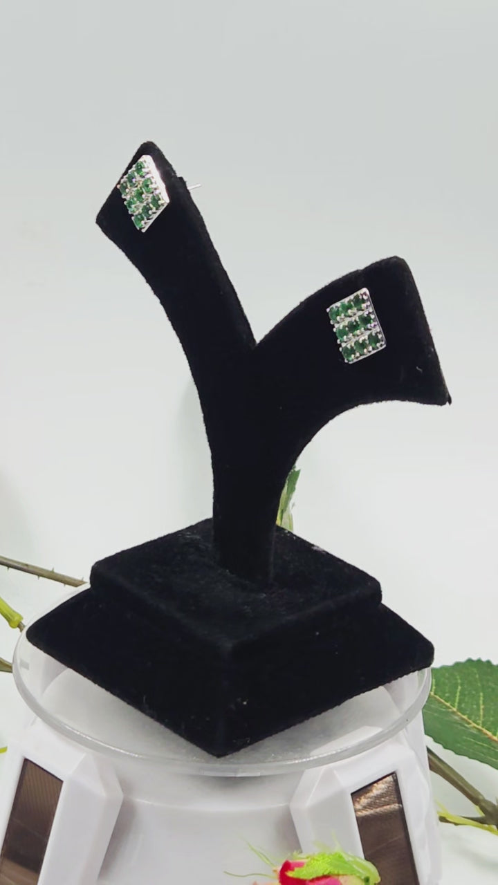 Natural Emerald Square Pave Stud Earrings in Sterling Silver