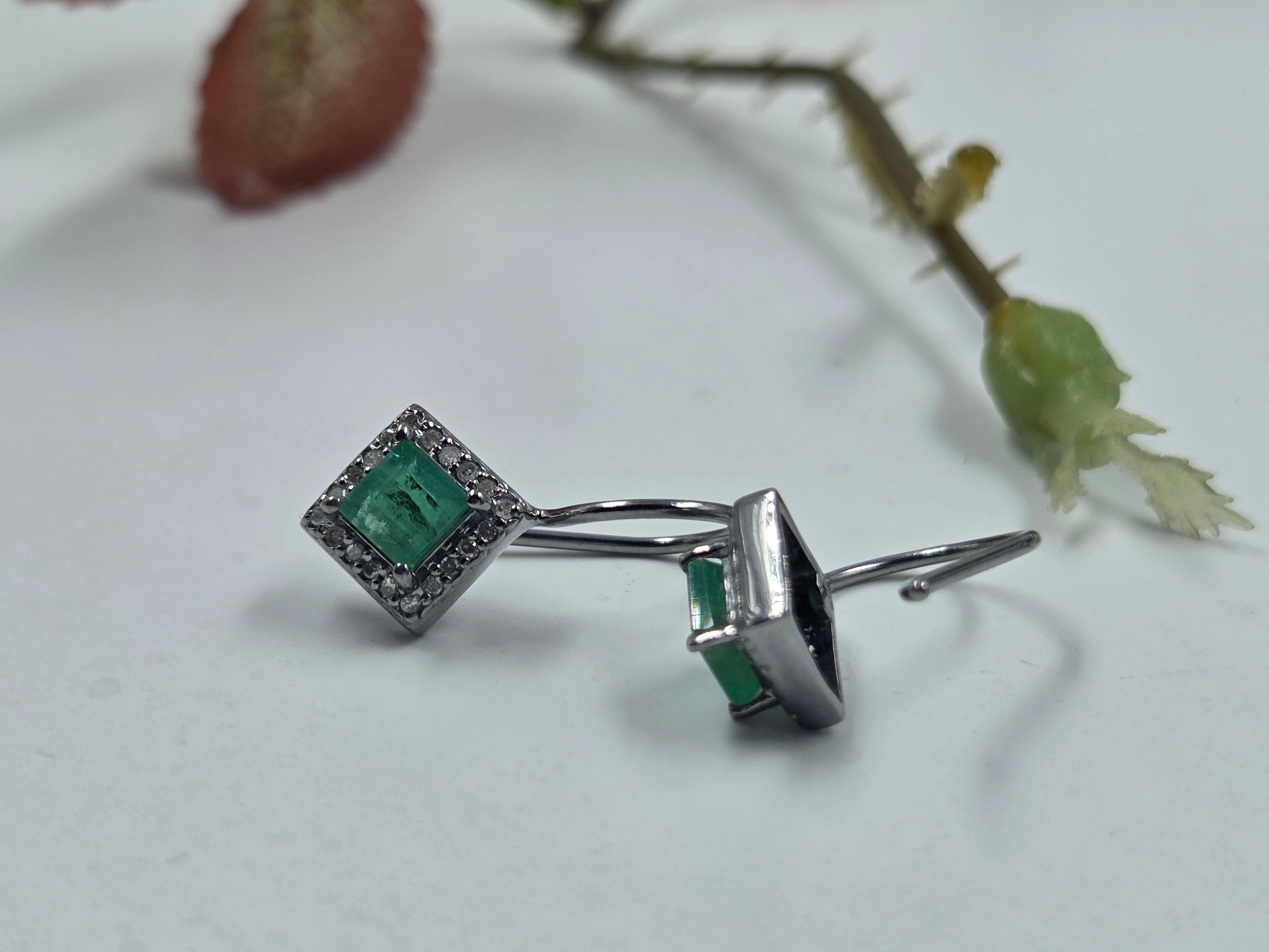 Natural Emerald & Diamond Earrings in Sterling Silver
