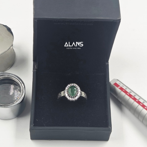 Victorian Look Natural Emerald & Lab-Grown Diamond Ring in 925 Sterling Silver -  With Certificate