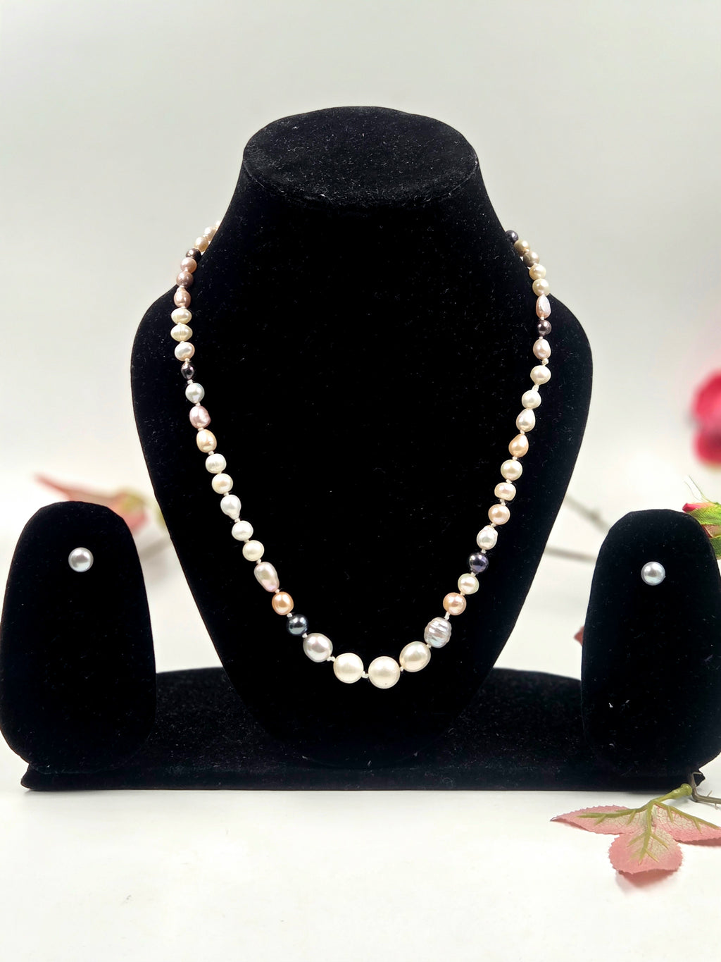 Multi-Color Freshwater Pearl Necklace Set with Studs & Bracelet in Sterling Silver