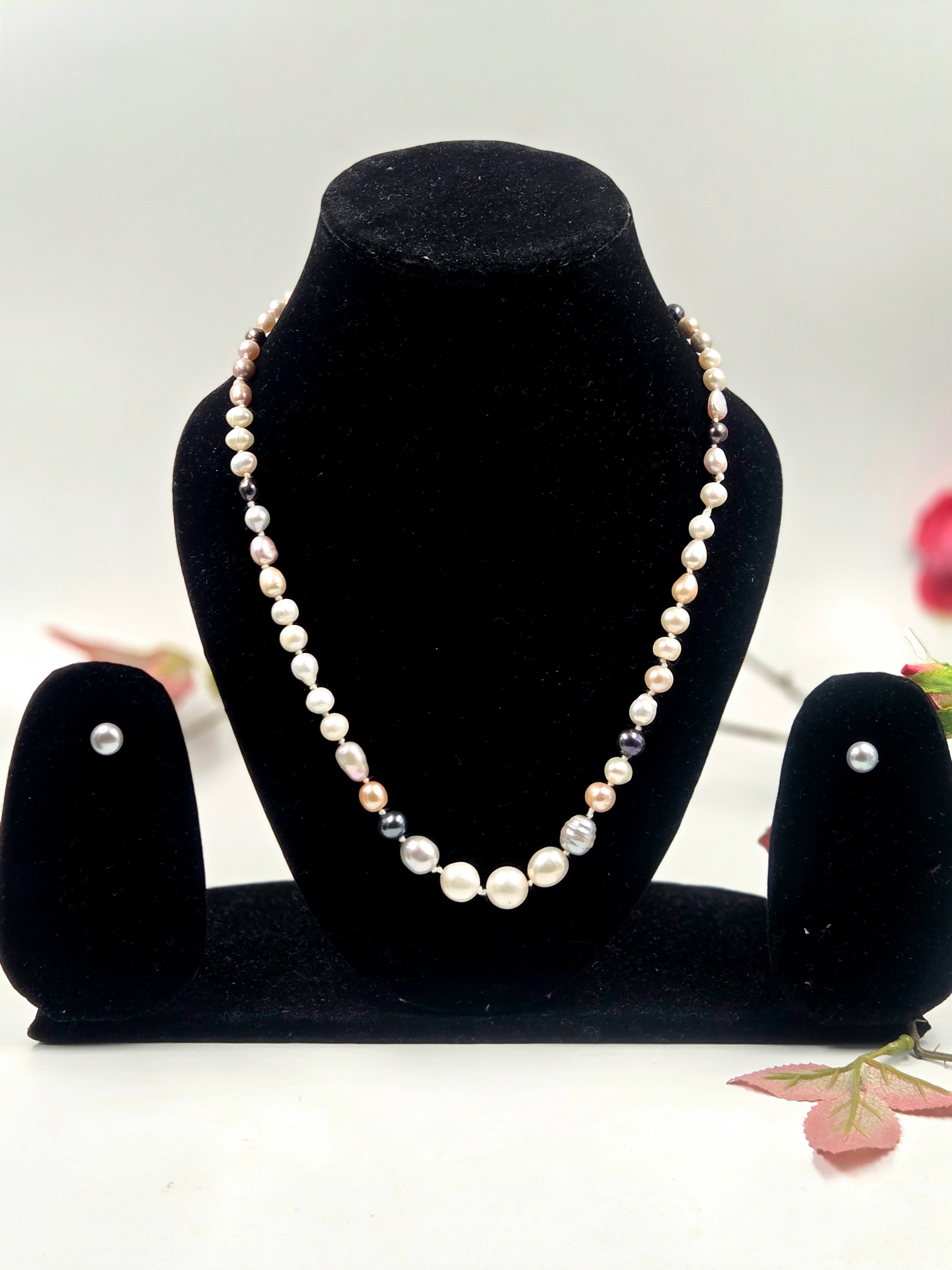 Multi-Color Freshwater Pearl Necklace Set with Studs & Bracelet in Sterling Silver