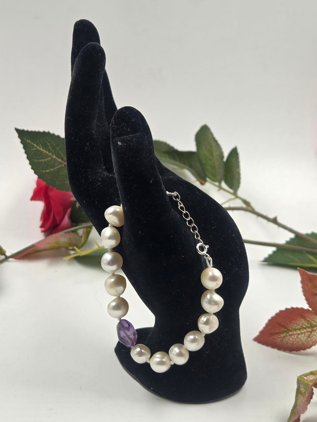 Freshwater Pearl & Amethyst Center Bracelet in Sterling Silver