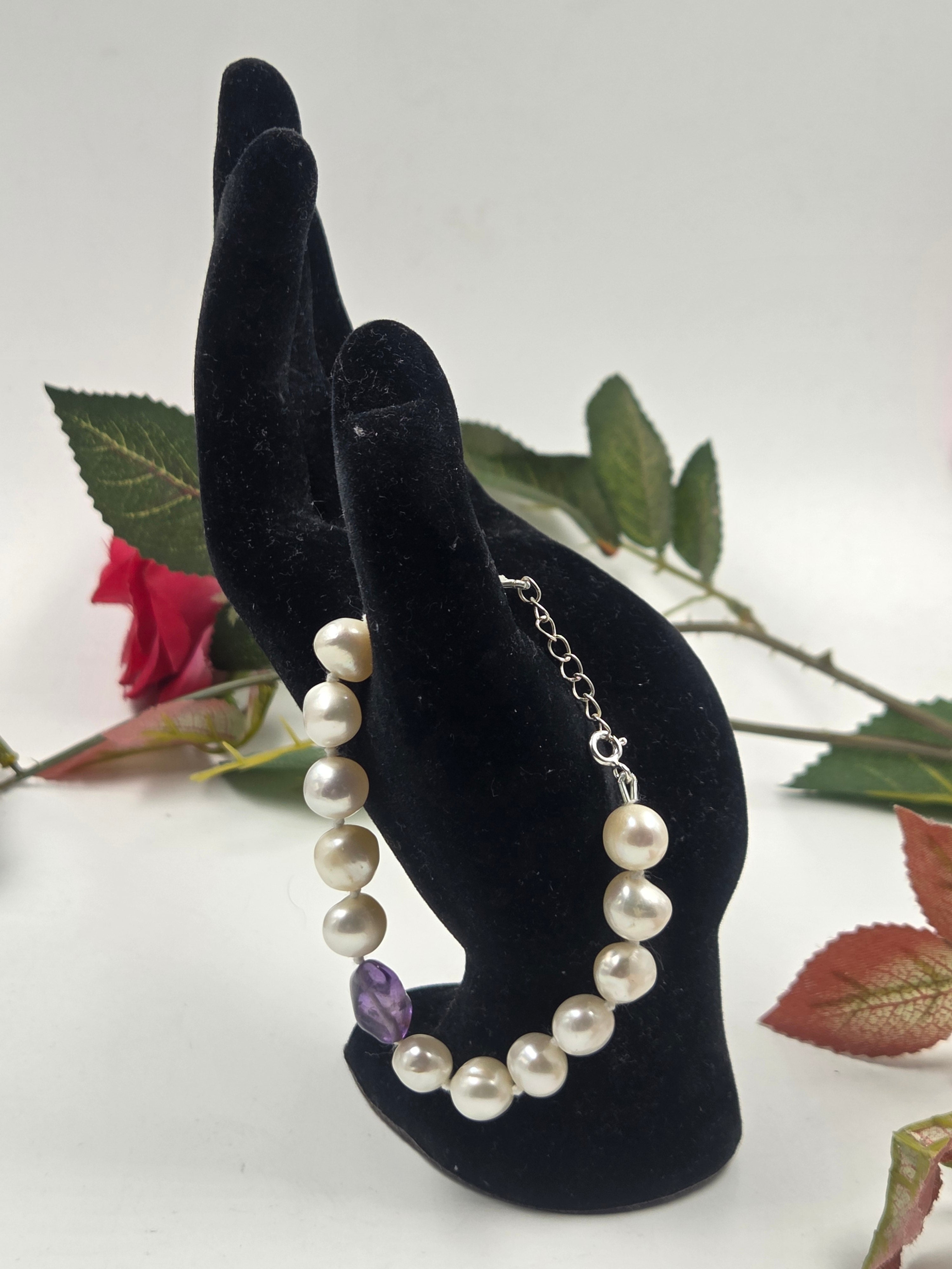 Freshwater Pearl & Amethyst Center Bracelet in Sterling Silver