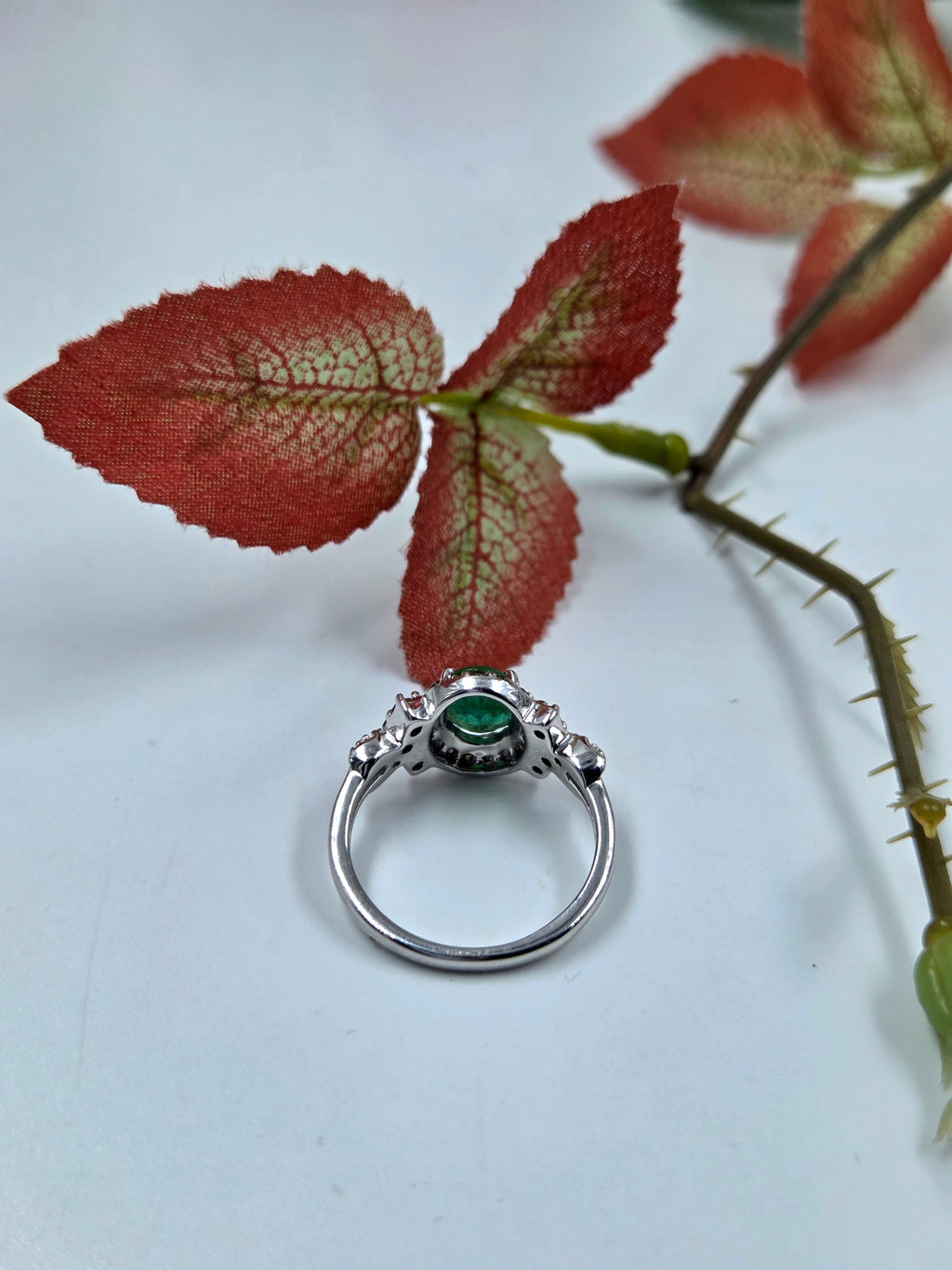 Natural Emerald and Natural Diamond Ring in Sterling Silver. Halo Design