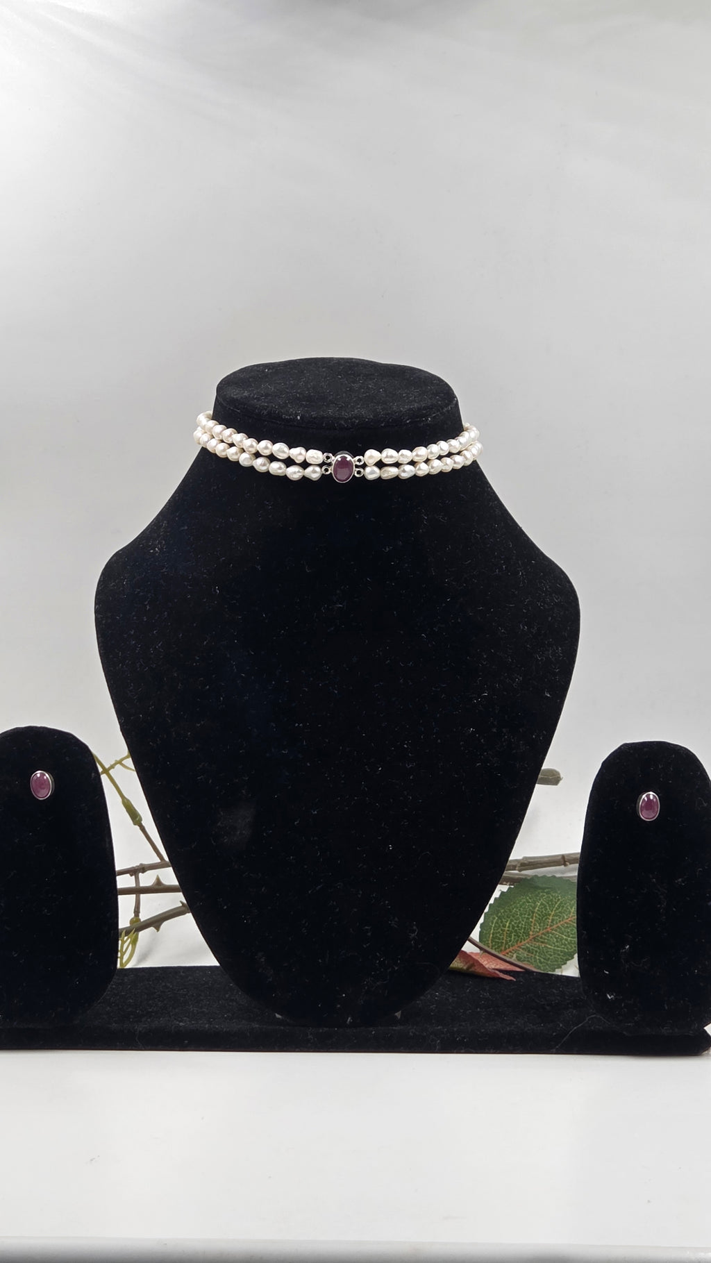 Freshwater Pearl & GF Ruby Double-Strand Choker Set with Earrings