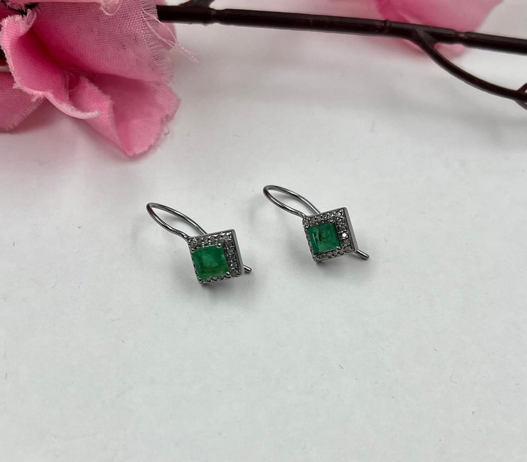 Natural Emerald & Diamond Earrings in Sterling Silver