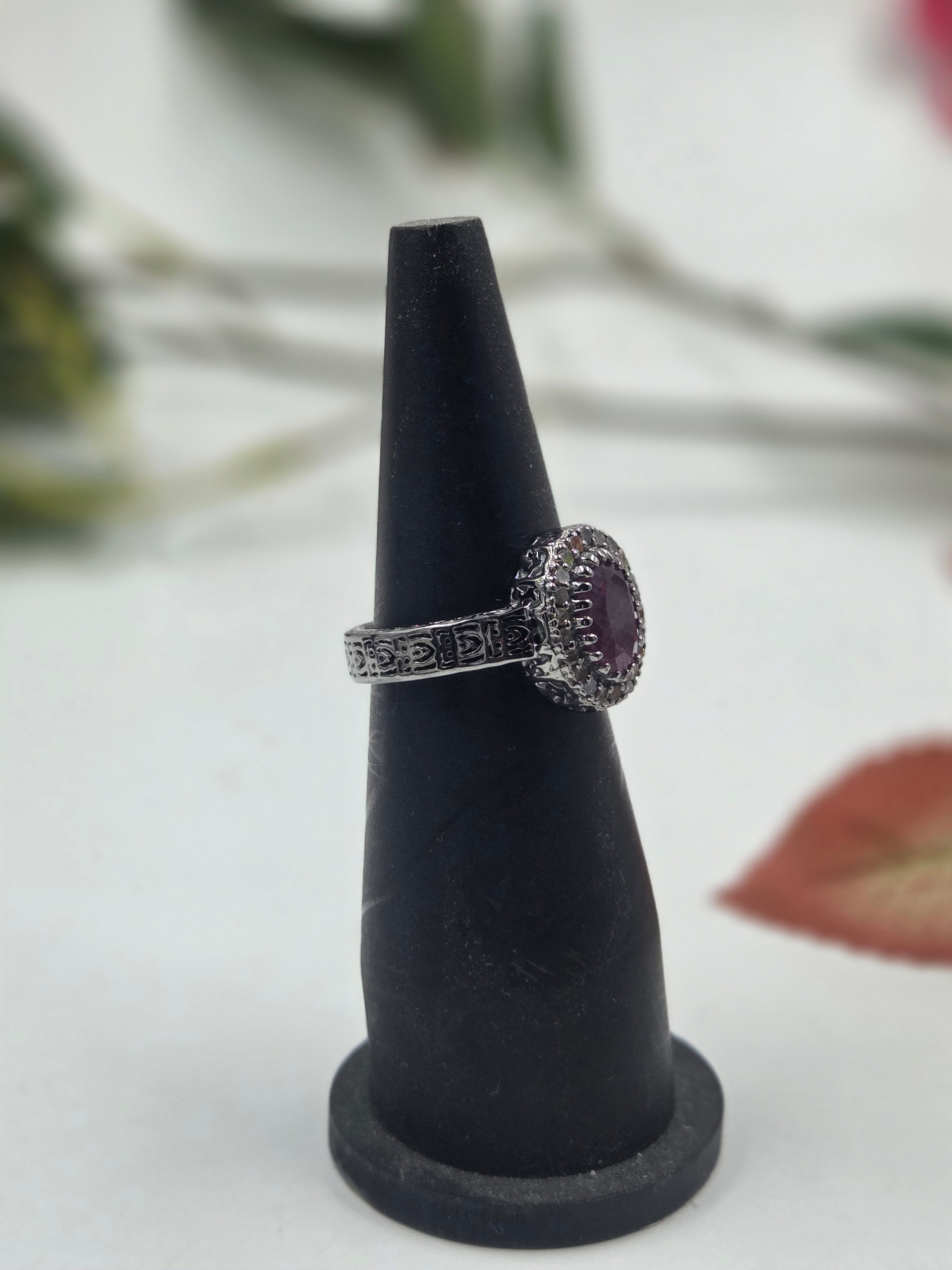 Natural Diamond & GF Ruby Victorian Cluster Ring in Sterling Silver
