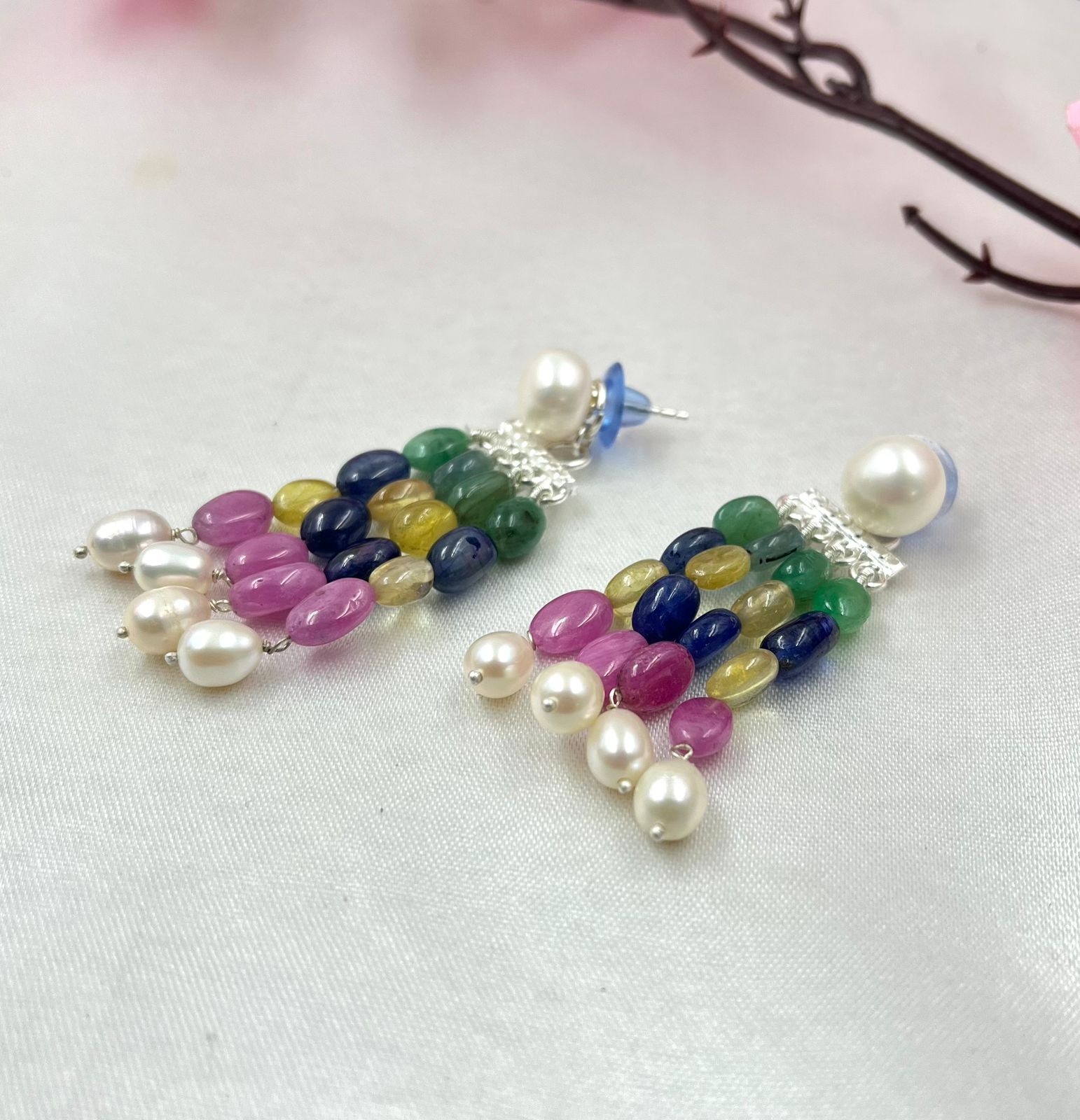 Sterling Silver Earrings with Natural Emerald, GF Ruby, GF Sapphire & Freshwater Pearls – 22.82g