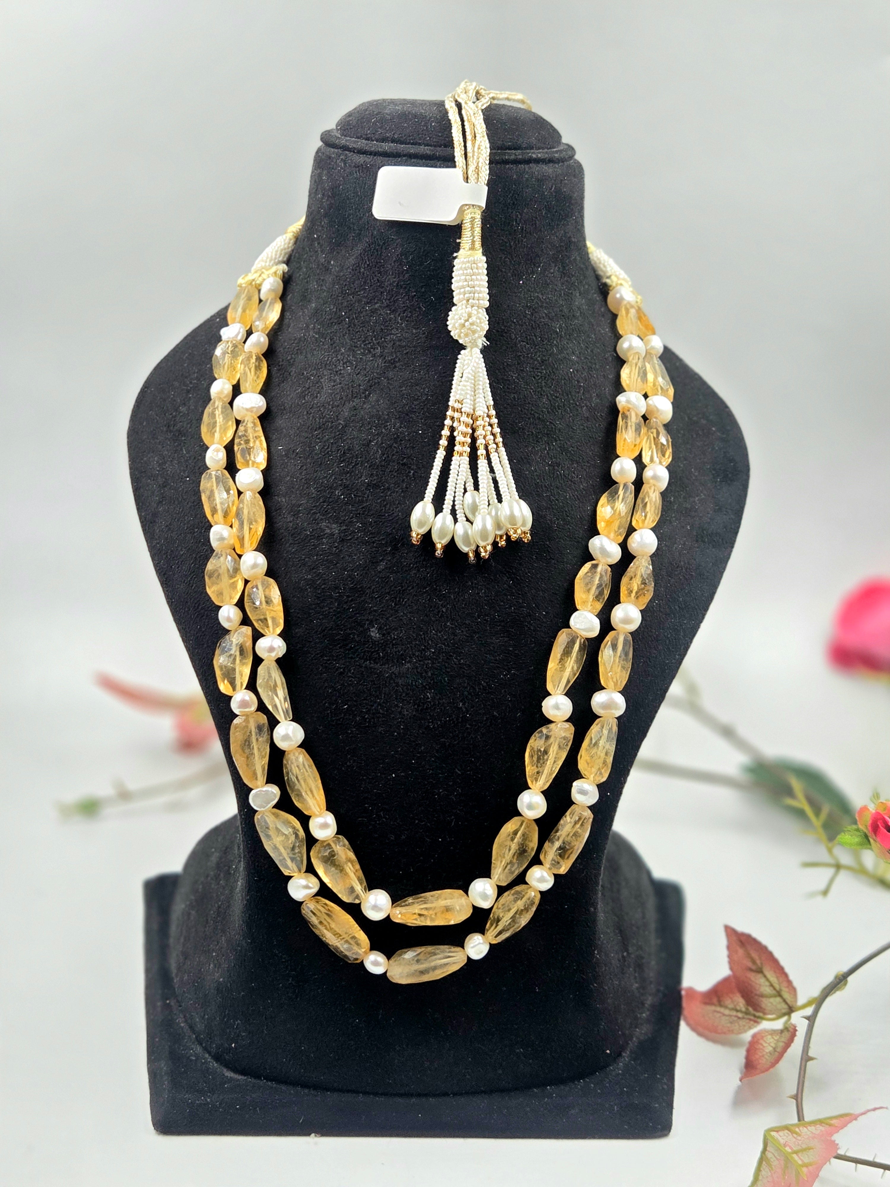 2-Line Citrine & Freshwater Pearl Sarafa Style Necklace – 127.50 Grams