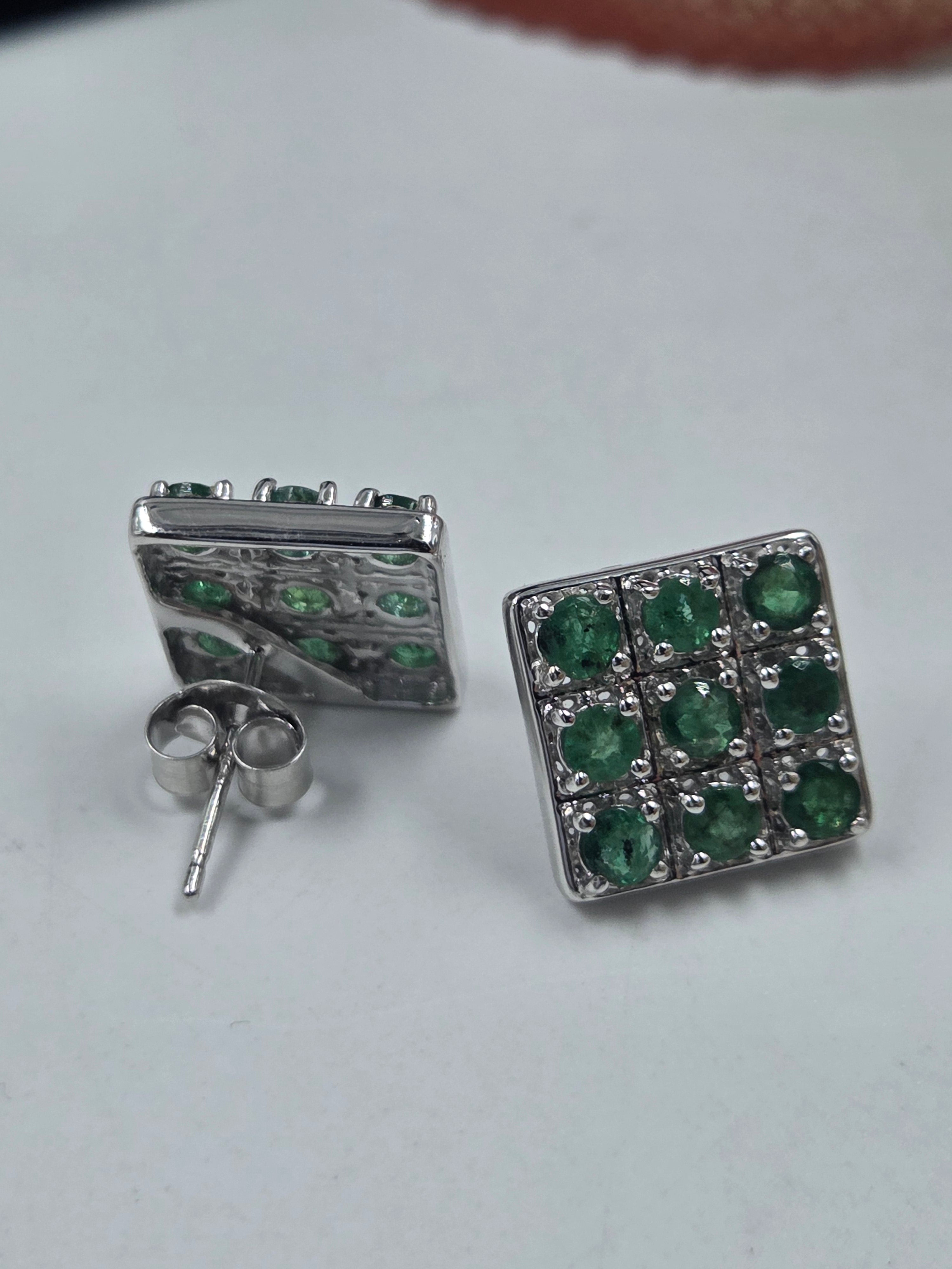Natural Emerald Square Pave Stud Earrings in Sterling Silver