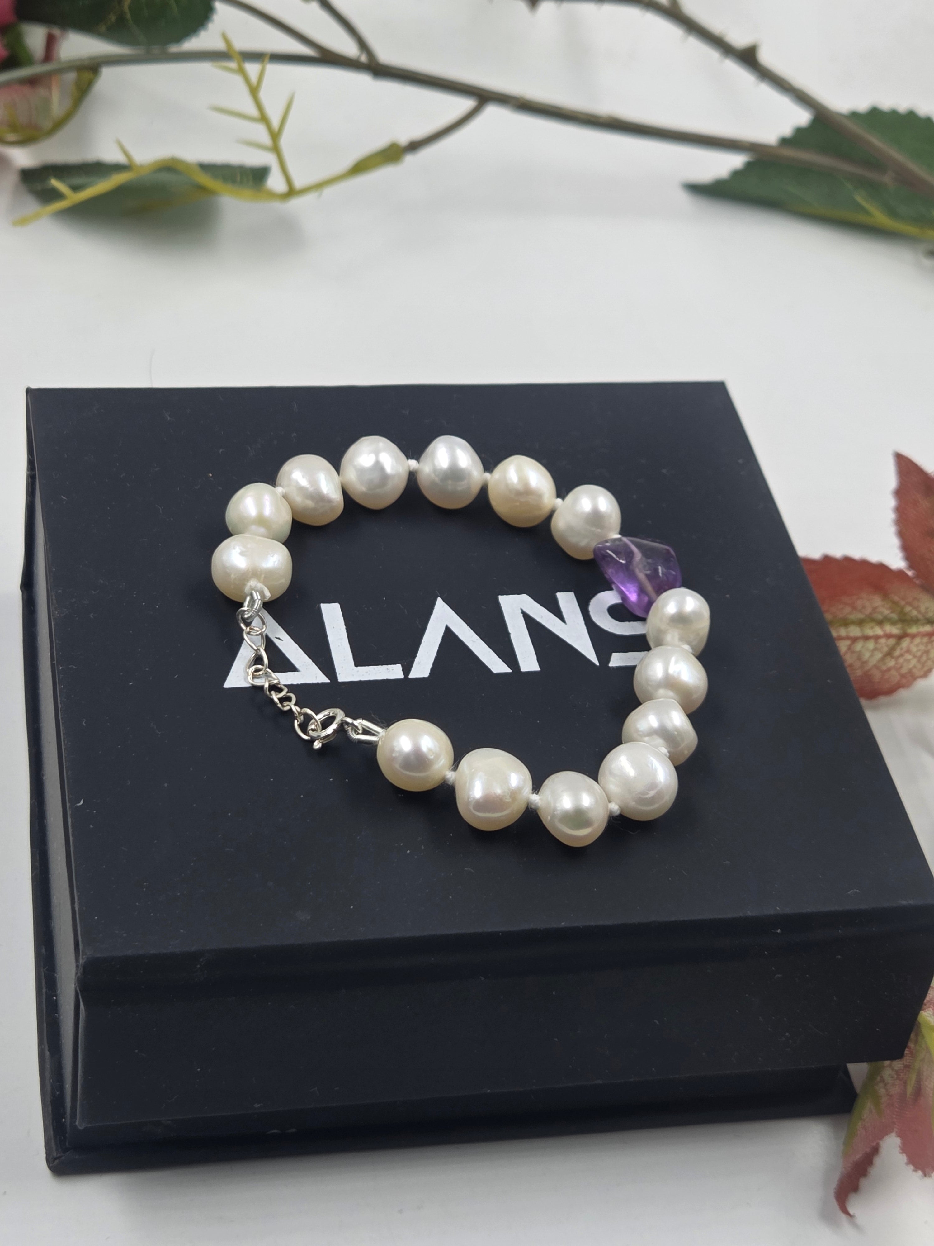 Freshwater Pearl & Amethyst Center Bracelet in Sterling Silver