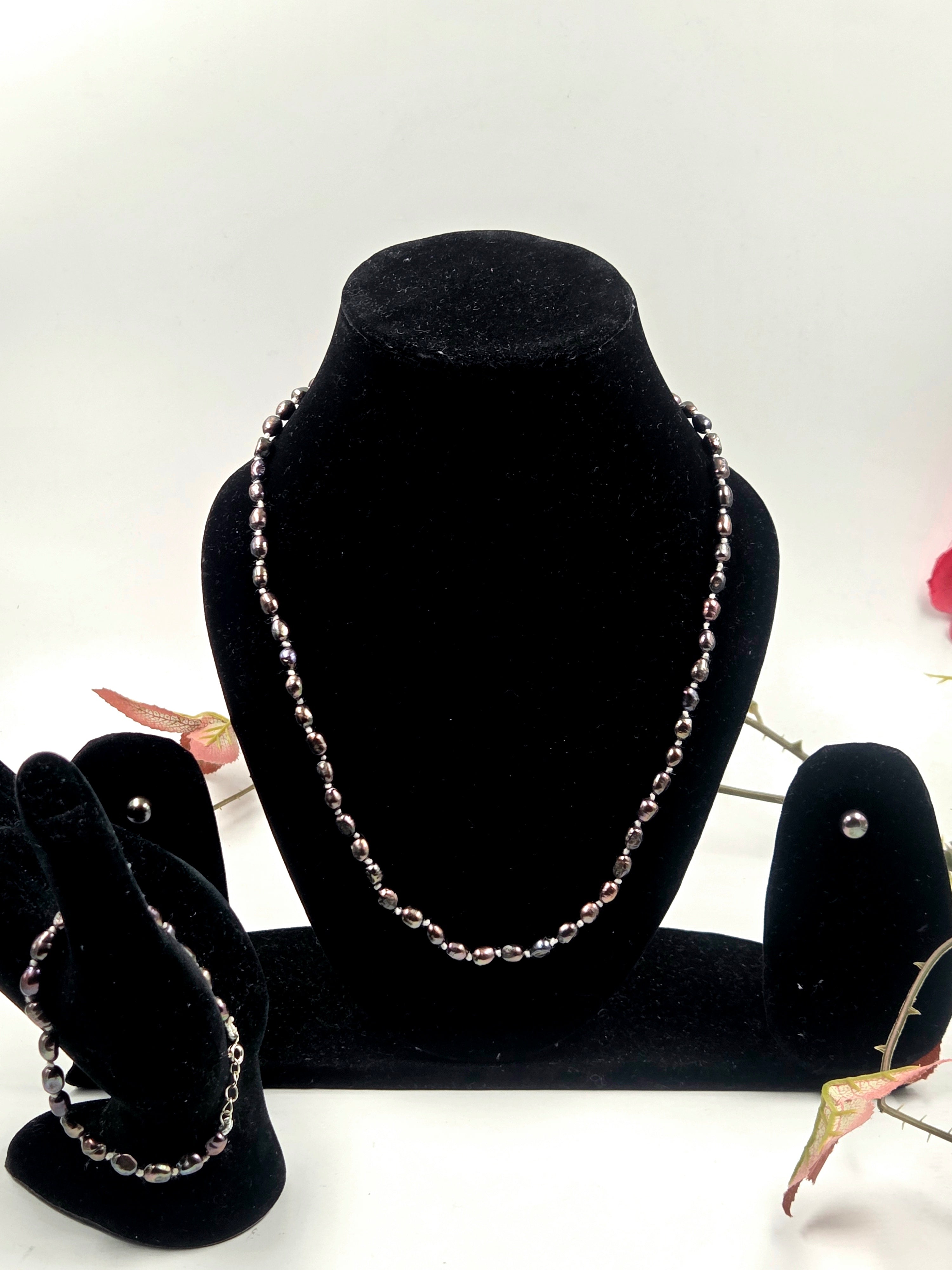 Black Dyed Freshwater Pearl Necklace Set with Studs & Bracelet in Sterling Silver