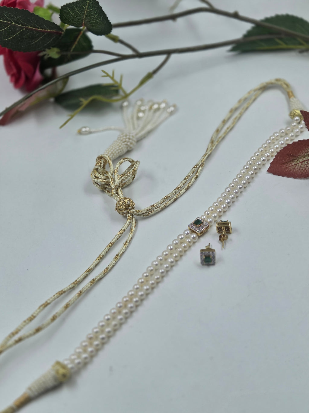 Lab-Grown Diamond & Natural Emerald Freshwater Pearl Choker Set with Earrings in Sterling Silver