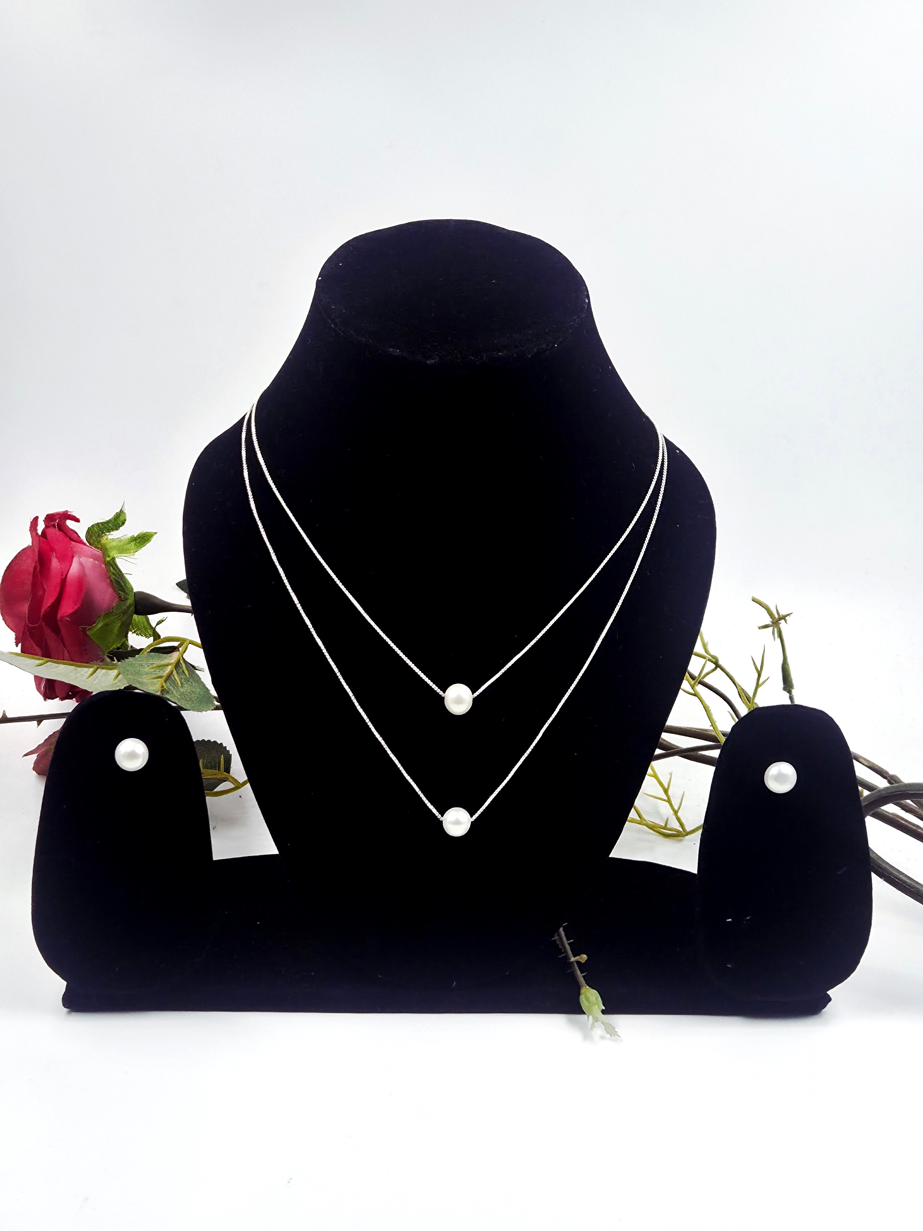 Double-Layer Freshwater Pearl Necklace with Stud Earrings in Sterling Silver