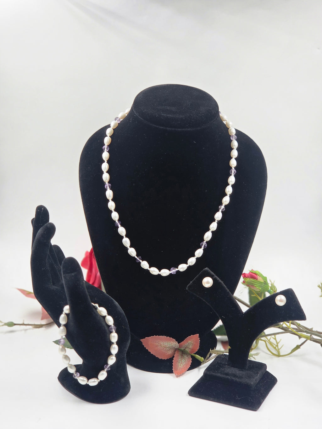 Freshwater Pearl and Amethyst Necklace Set in Sterling Silver