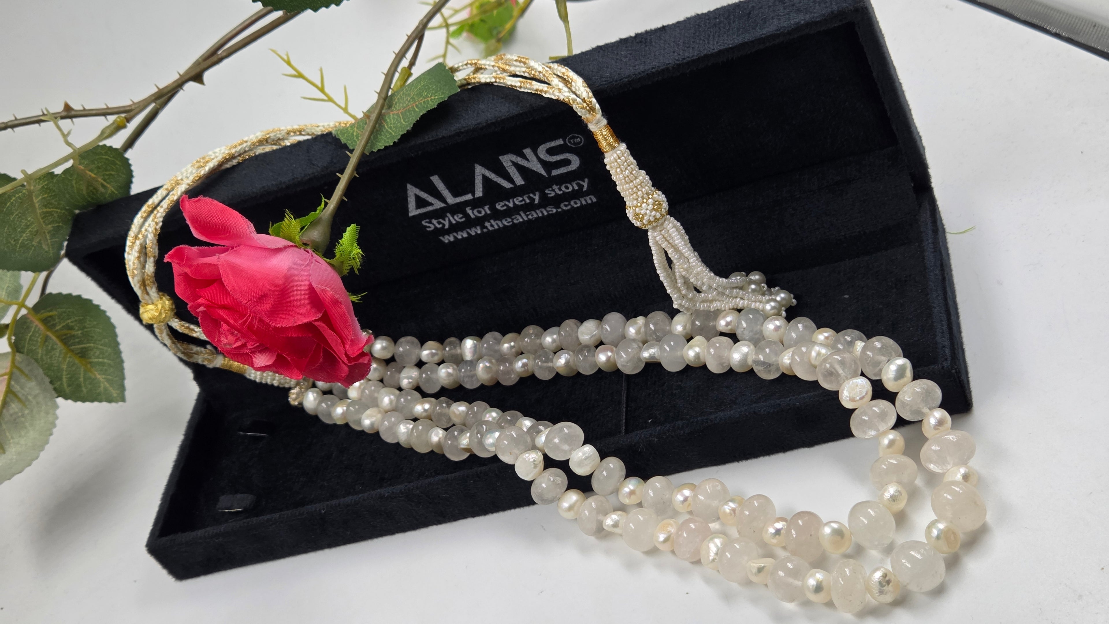 Rose Quartz & Freshwater Pearl Sarafa Style Dual-Line Necklace