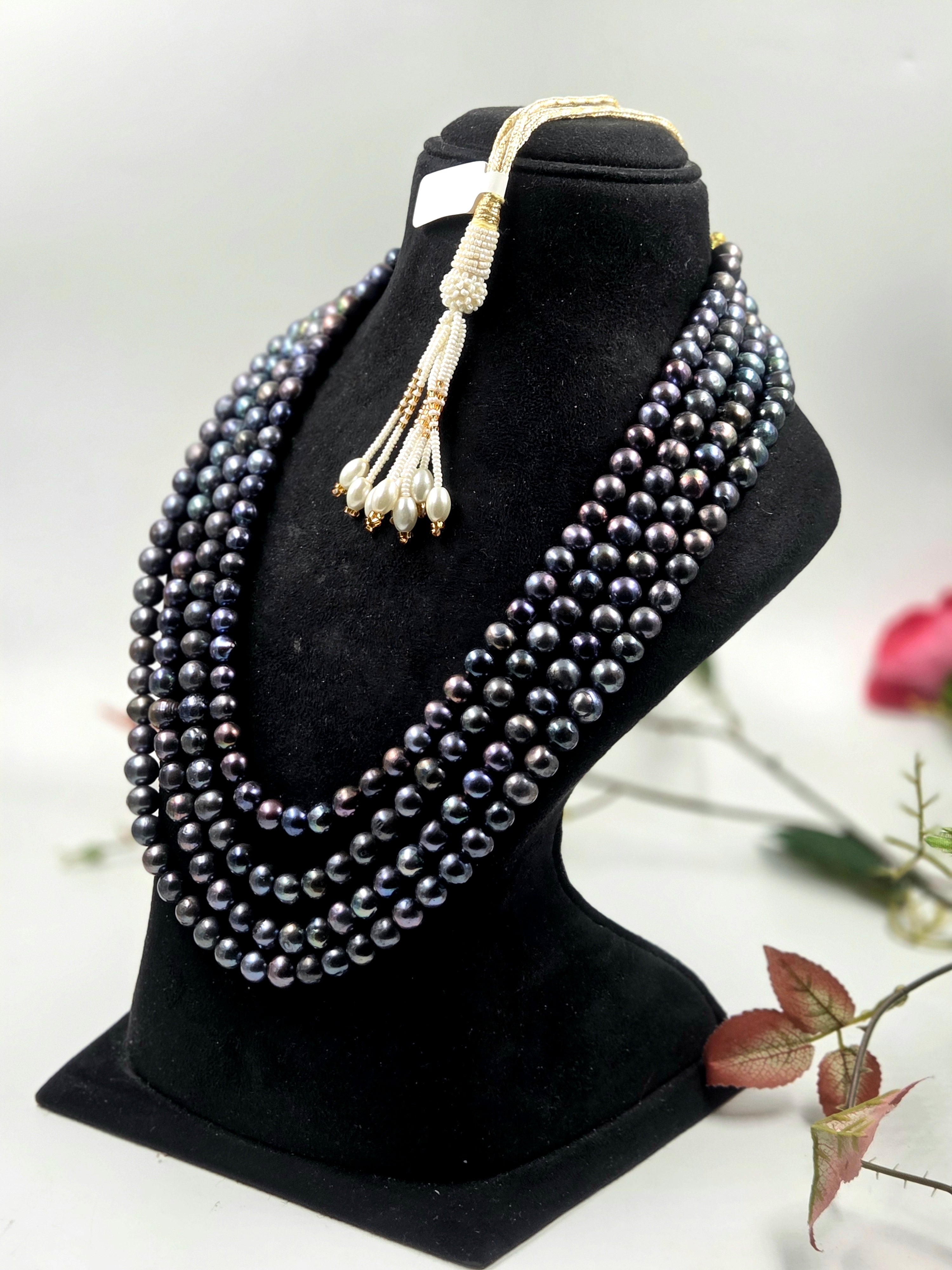 4-Line Freshwater Pearl Sarafa Style Necklace – Permanent Dyed Pearls