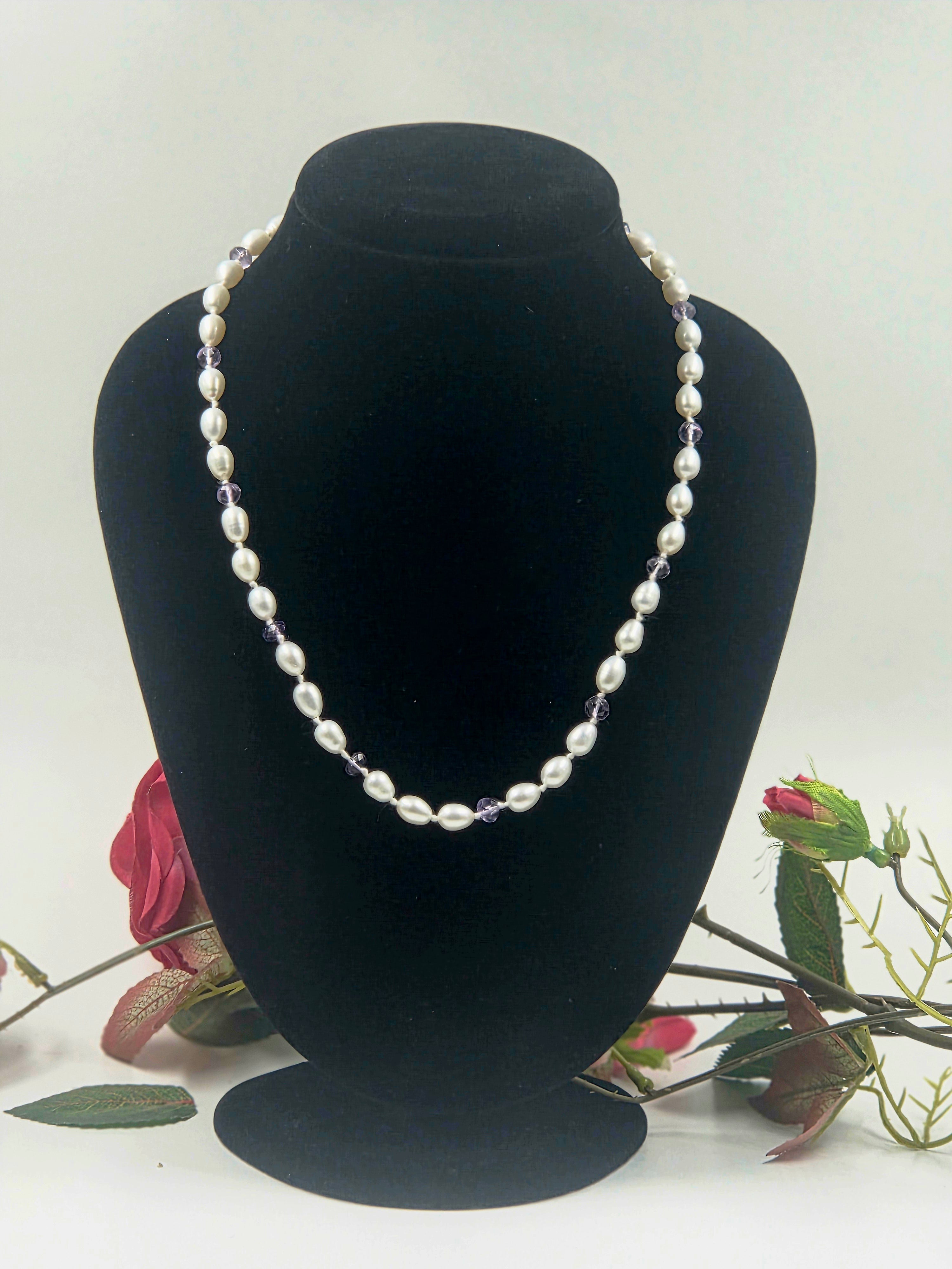 Freshwater Pearl and Amethyst Necklace Set in Sterling Silver