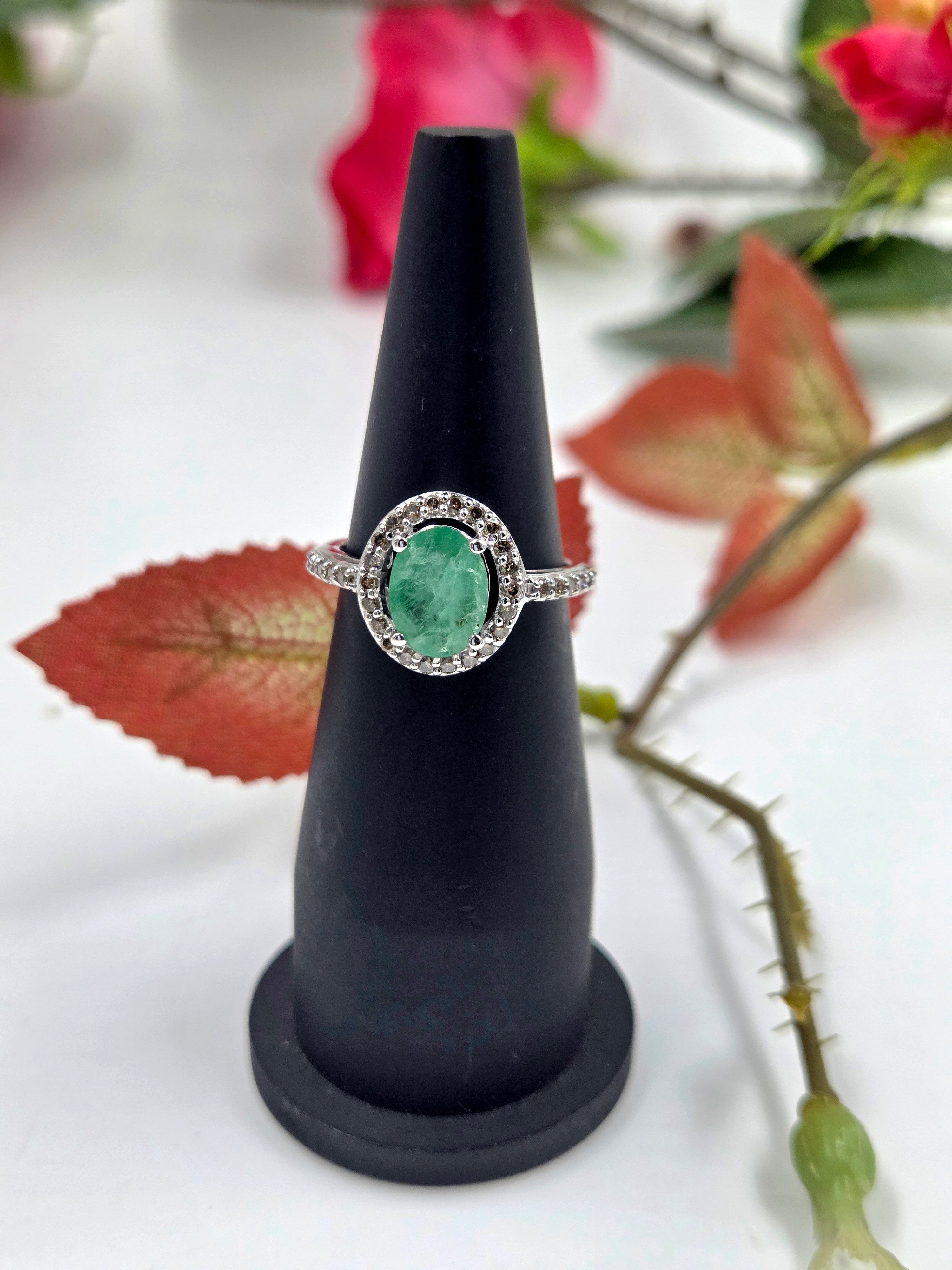 Natural Emerald & Natural Diamond Ring – Sterling Silver. (Double Orbit Design)