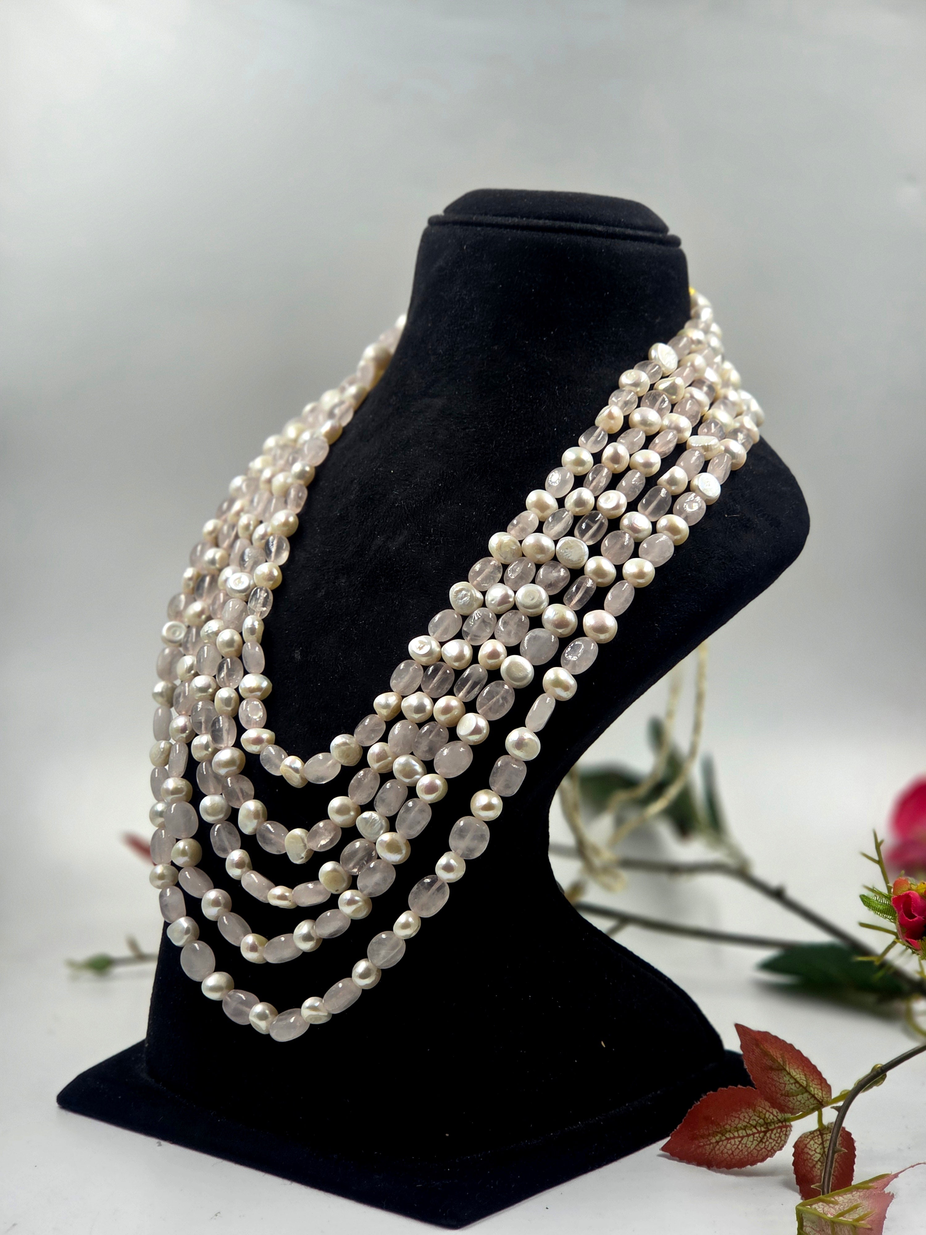 5-Line Rose Quartz & Freshwater Pearl Sarafa Necklace
