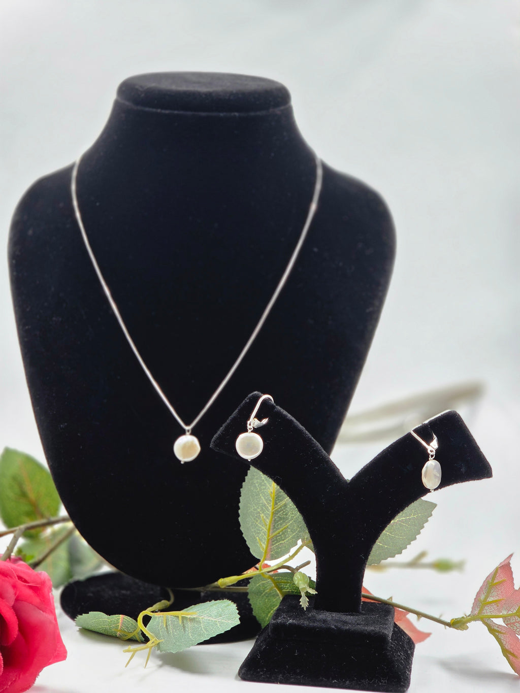 Coin Pearl Necklace & Earring Set in Sterling Silver