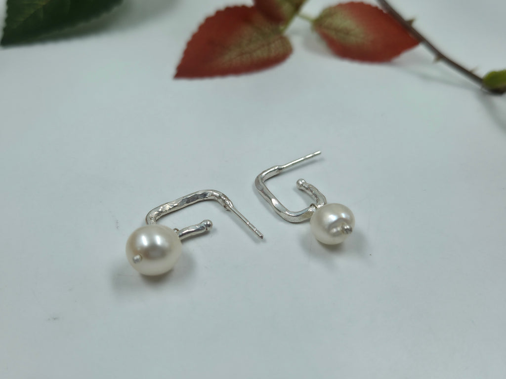 Hammered Silver Hook Freshwater Pearl Earrings