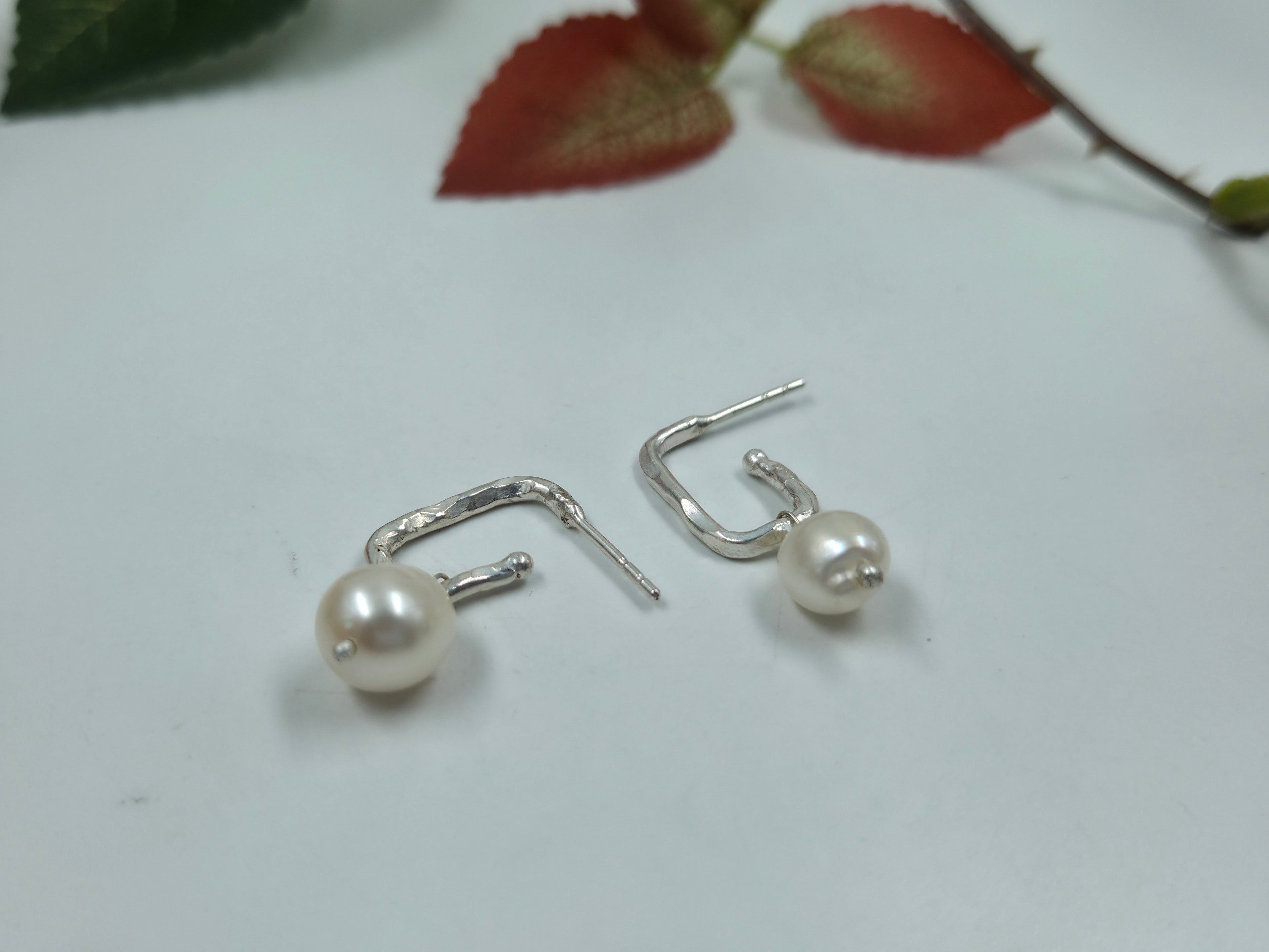 Hammered Silver Hook Freshwater Pearl Earrings