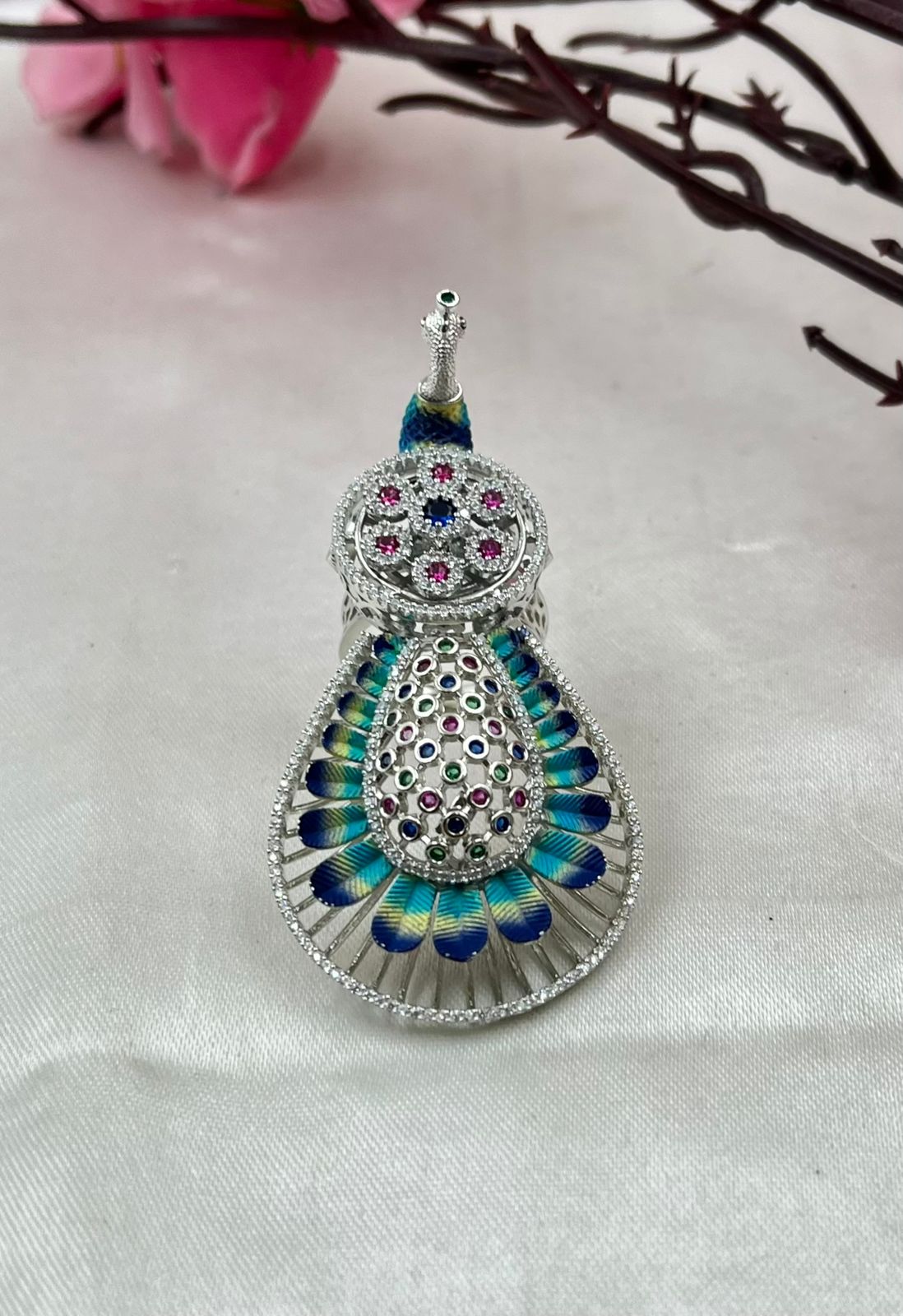 Adjustable Peacock Design Sterling Silver Ring