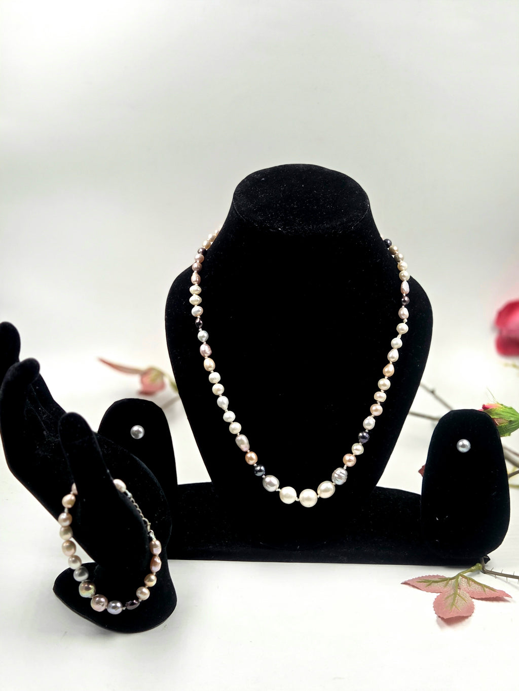 Multi-Color Freshwater Pearl Necklace Set with Studs & Bracelet in Sterling Silver