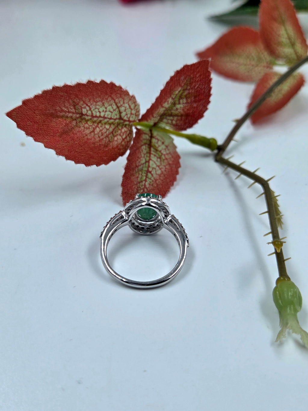 Natural Emerald & Natural Diamond Ring – Sterling Silver. (Double Orbit Design)