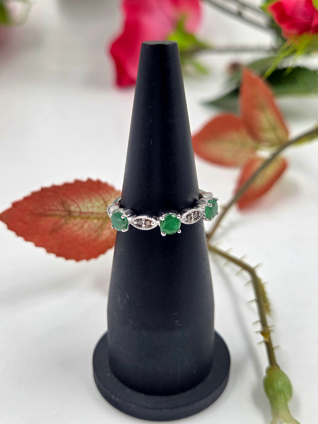 Natural Emerald & Natural Diamond Ring – Sterling Silver, Cabochon Shape.