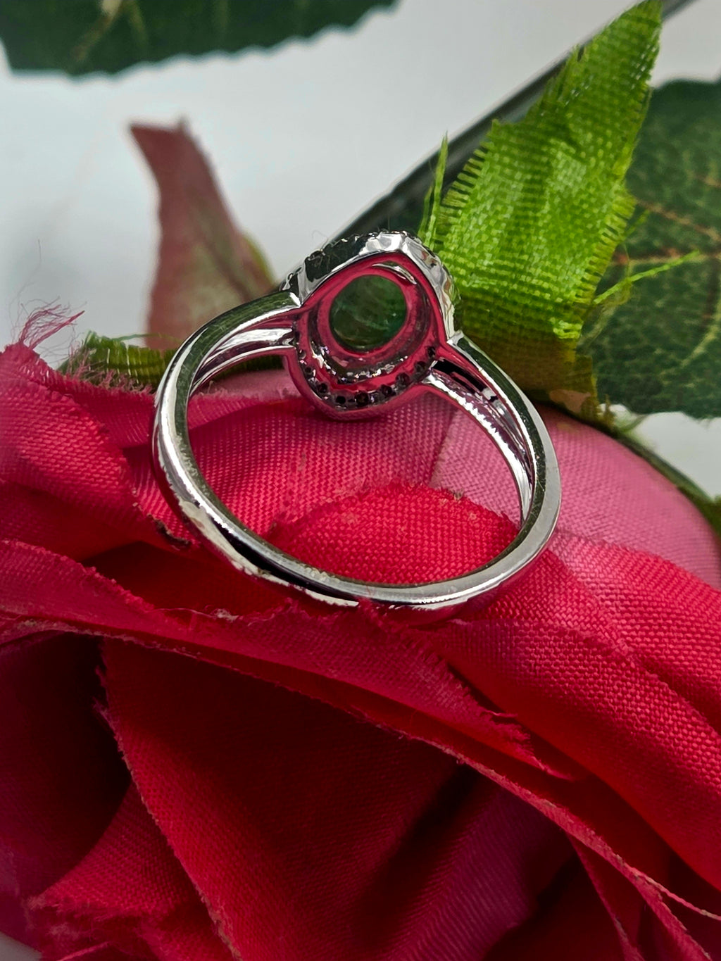 Natural Emerald and Diamond Sterling Silver Ring