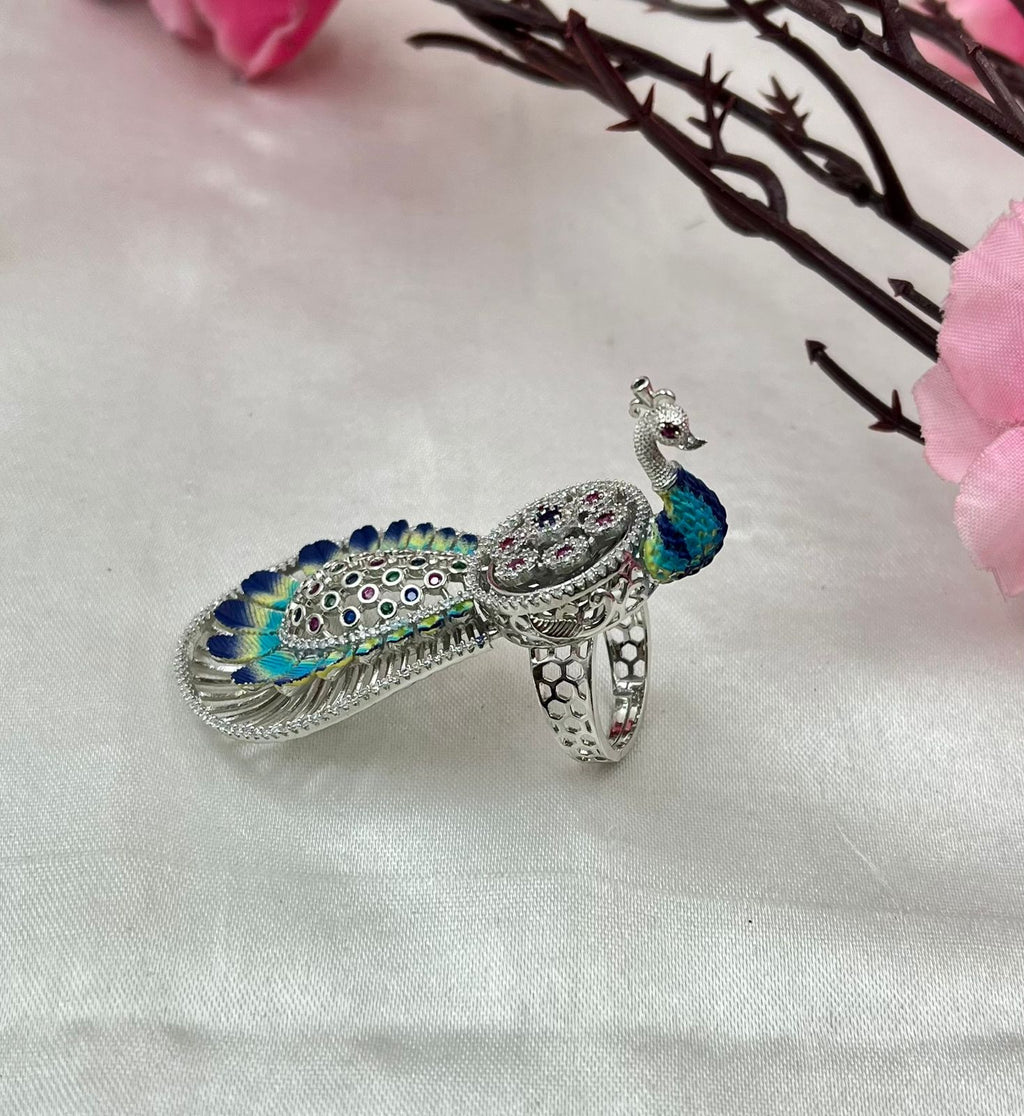 Adjustable Peacock Design Sterling Silver Ring