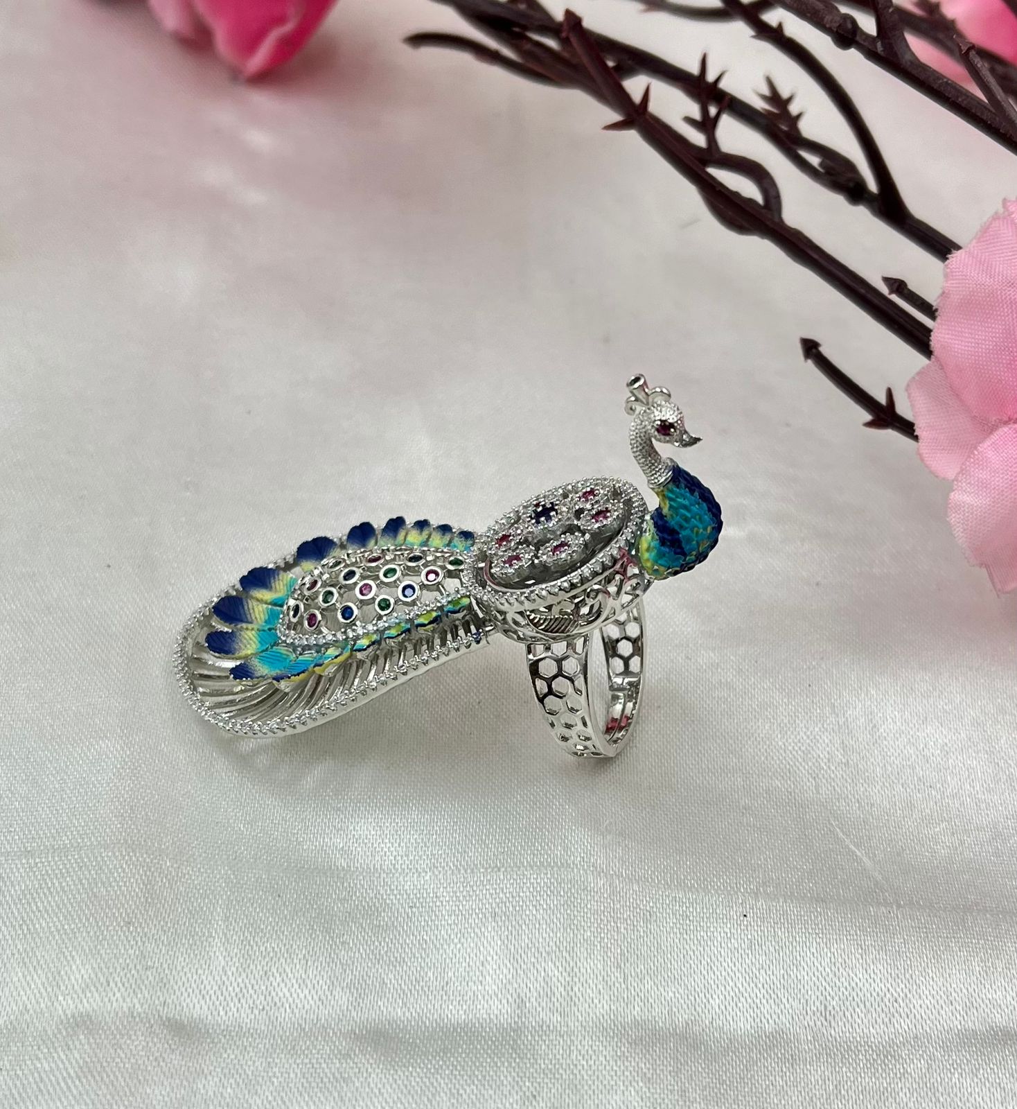 Adjustable Peacock Design Sterling Silver Ring