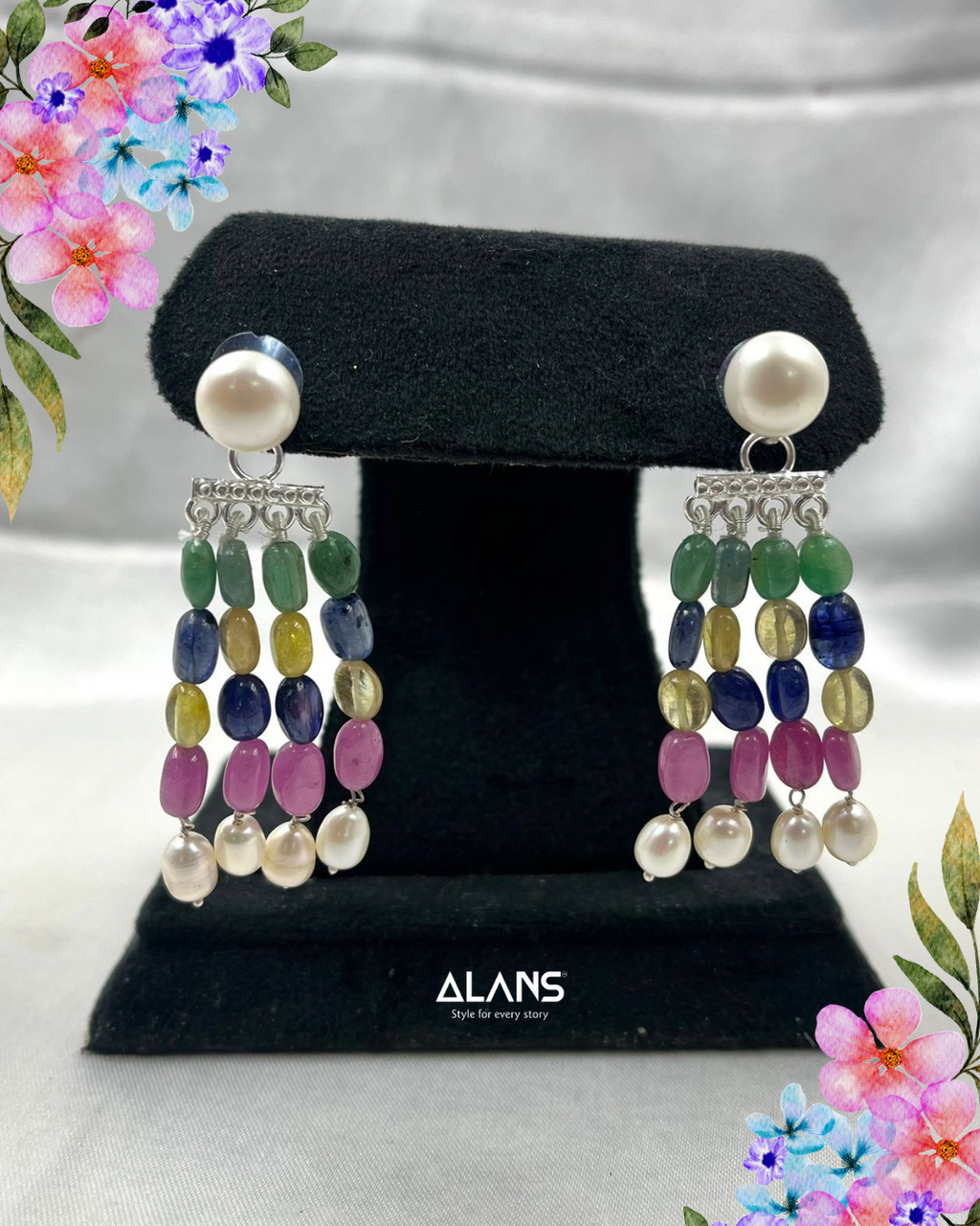 Sterling Silver Earrings with Natural Emerald, GF Ruby, GF Sapphire & Freshwater Pearls – 22.82g