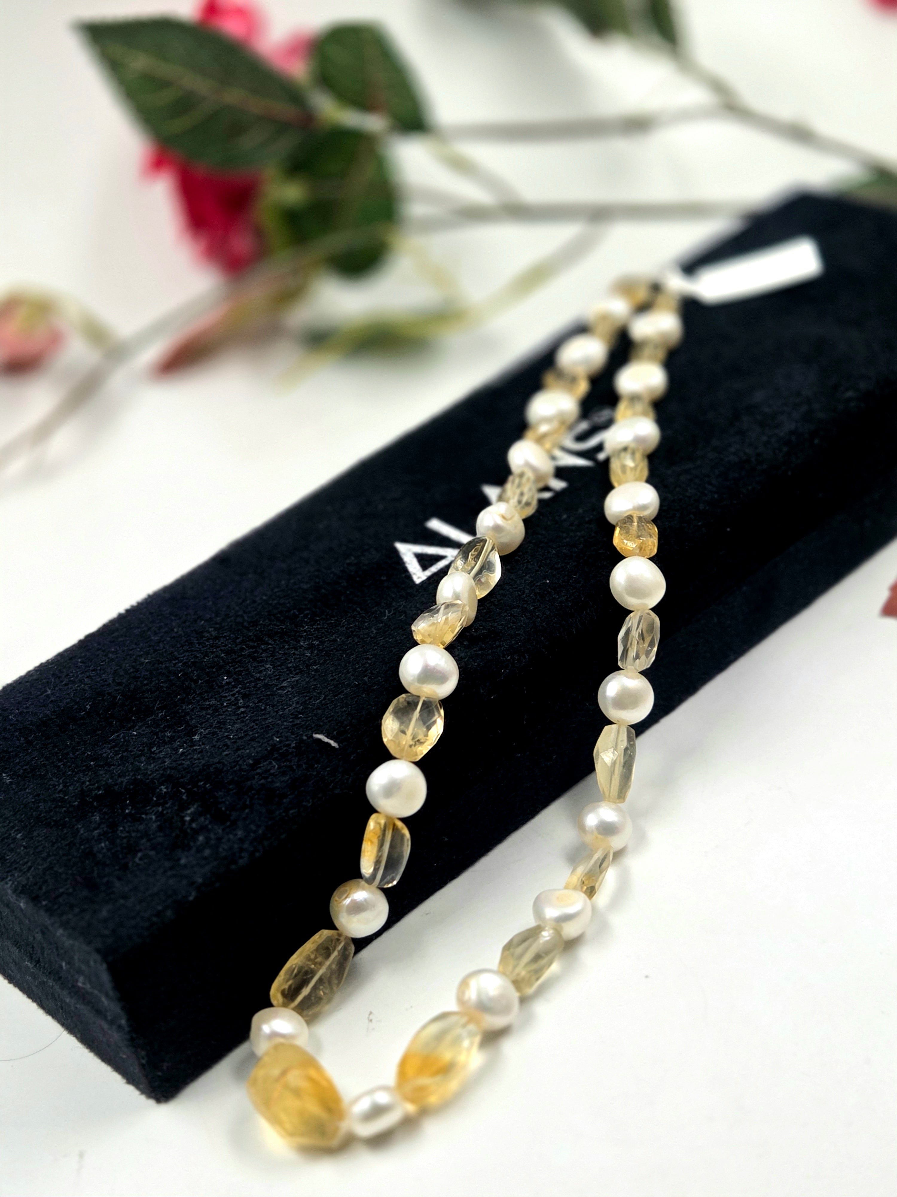 Citrine & Freshwater Pearl Necklace with Sterling Silver Lock – 54.70 Grams