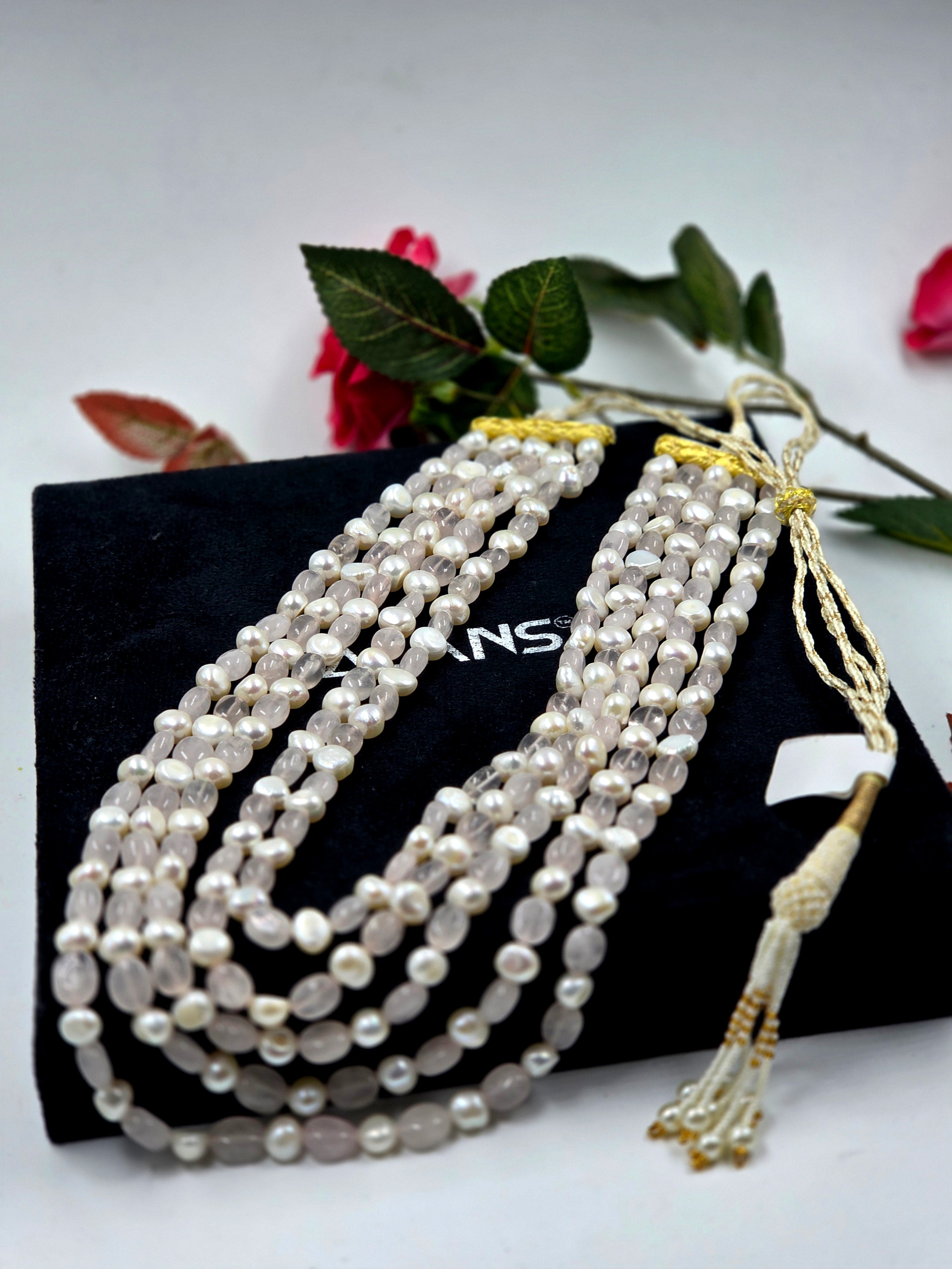 5-Line Rose Quartz & Freshwater Pearl Sarafa Necklace