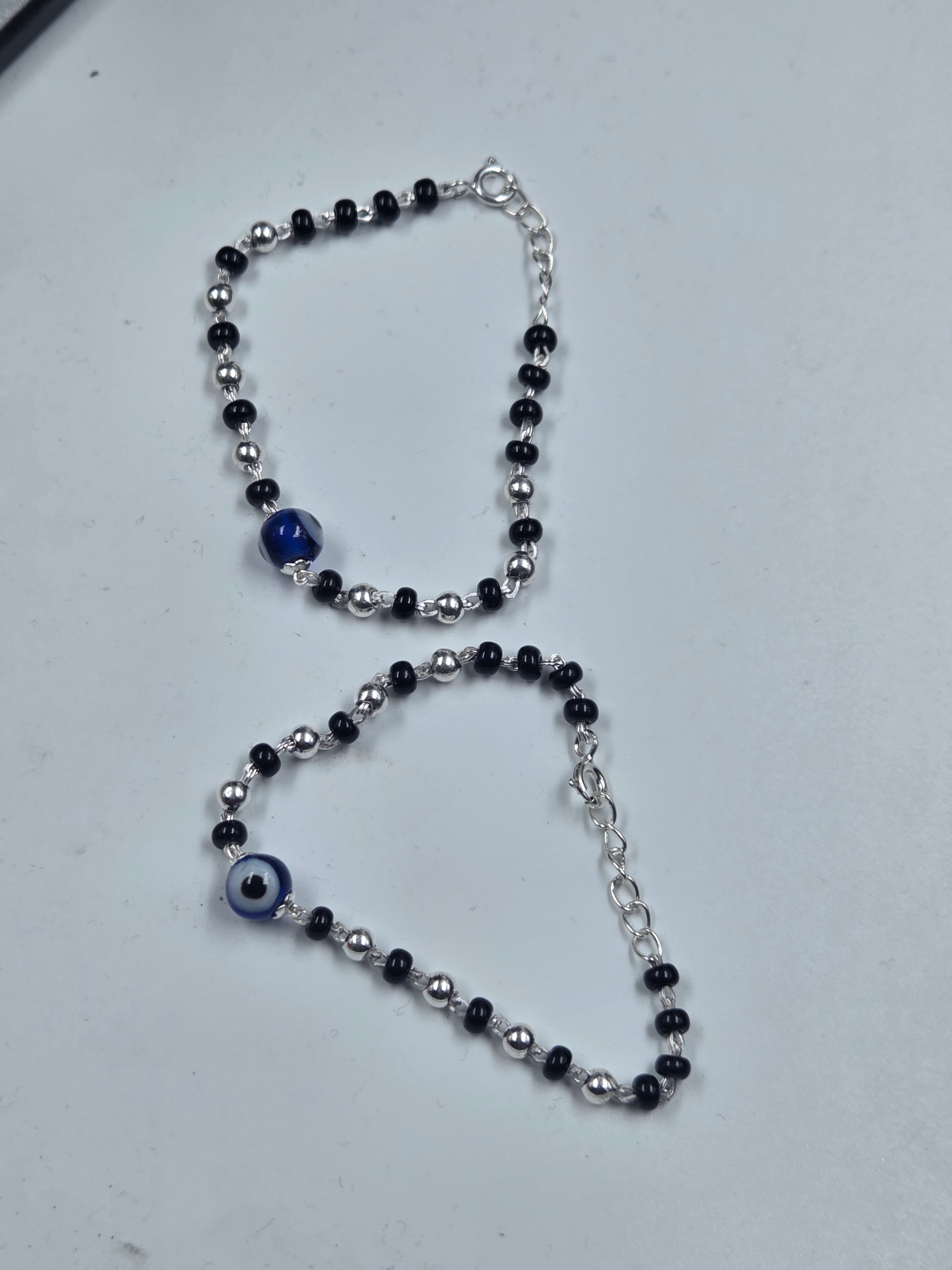 925 Sterling Silver Evil Eye Black Beads Anklet Pair – 6 Inches Each