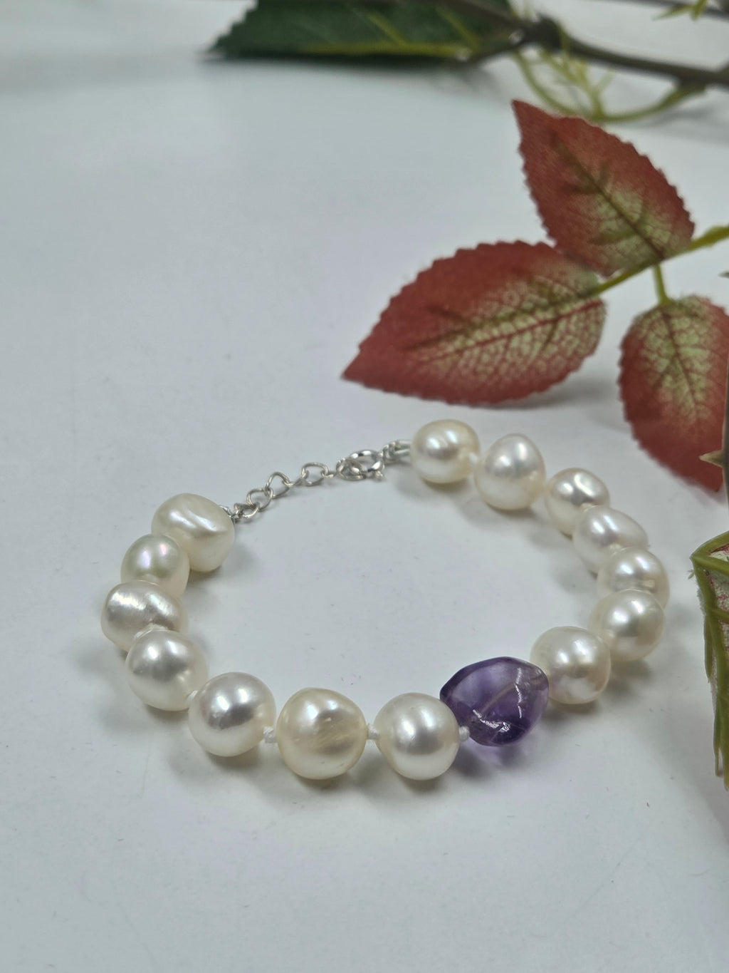 Freshwater Pearl & Amethyst Center Bracelet in Sterling Silver