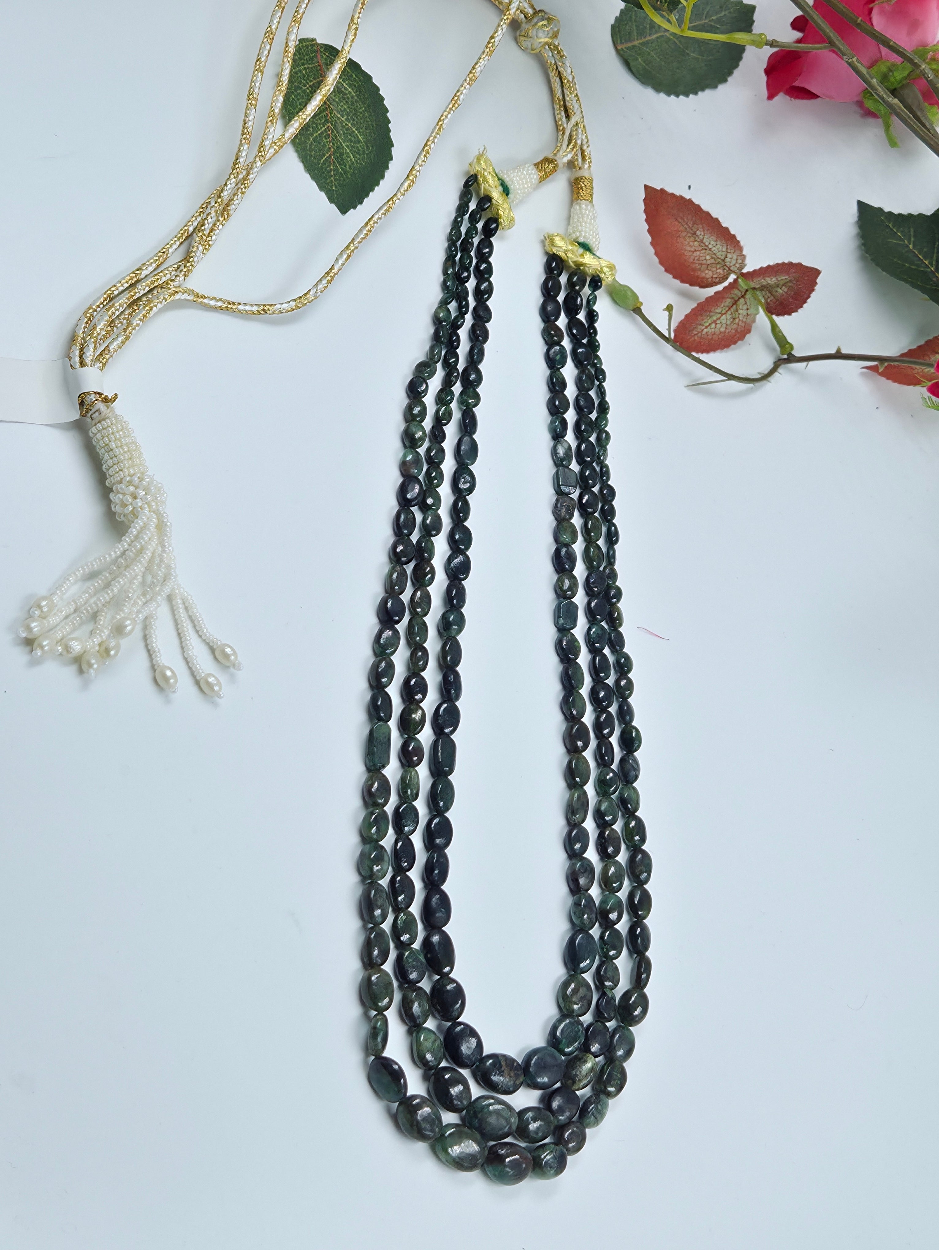 Natural Emerald 3-Line Necklace (Sarafa Style)