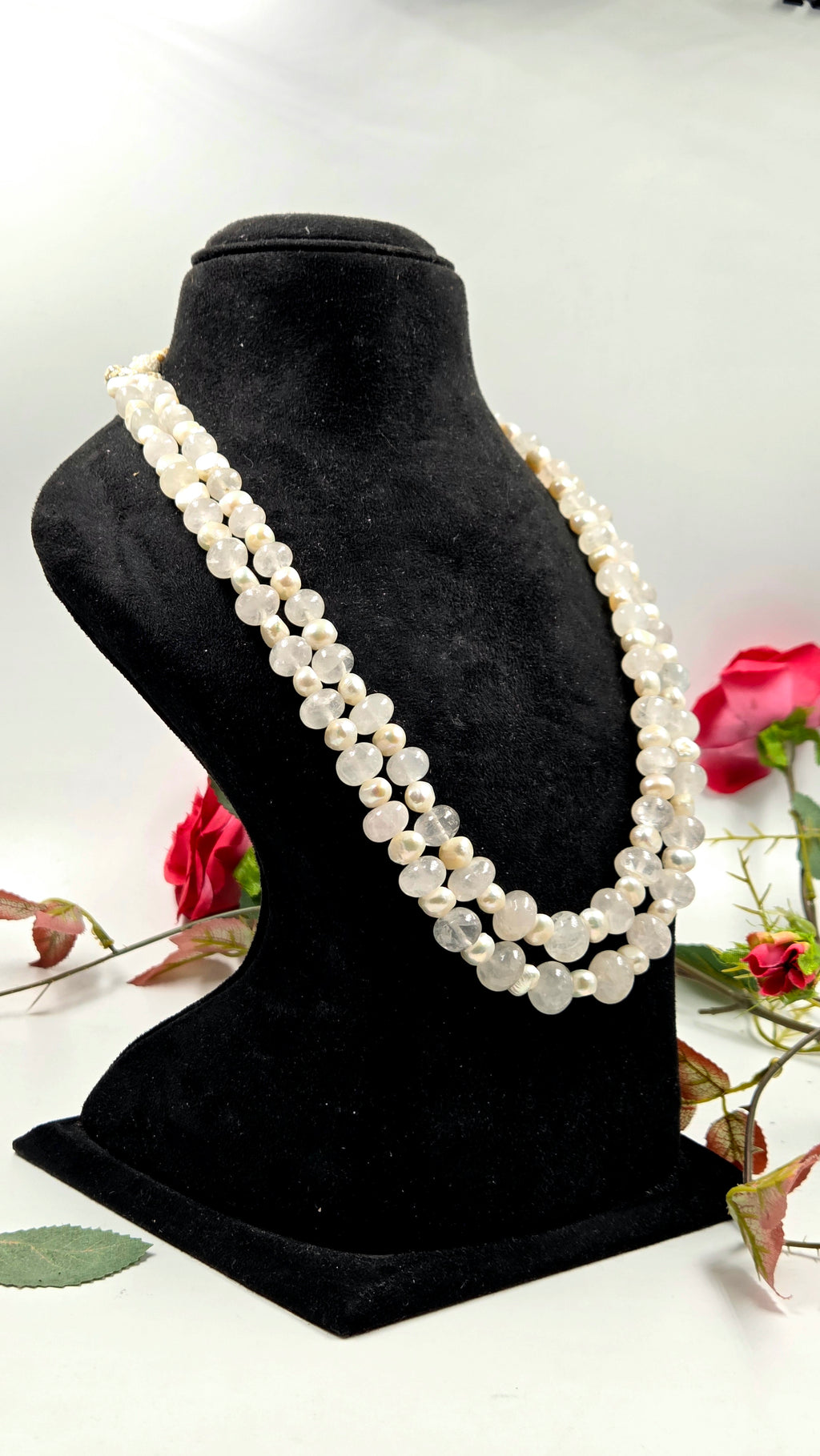 Rose Quartz & Freshwater Pearl Sarafa Style Dual-Line Necklace