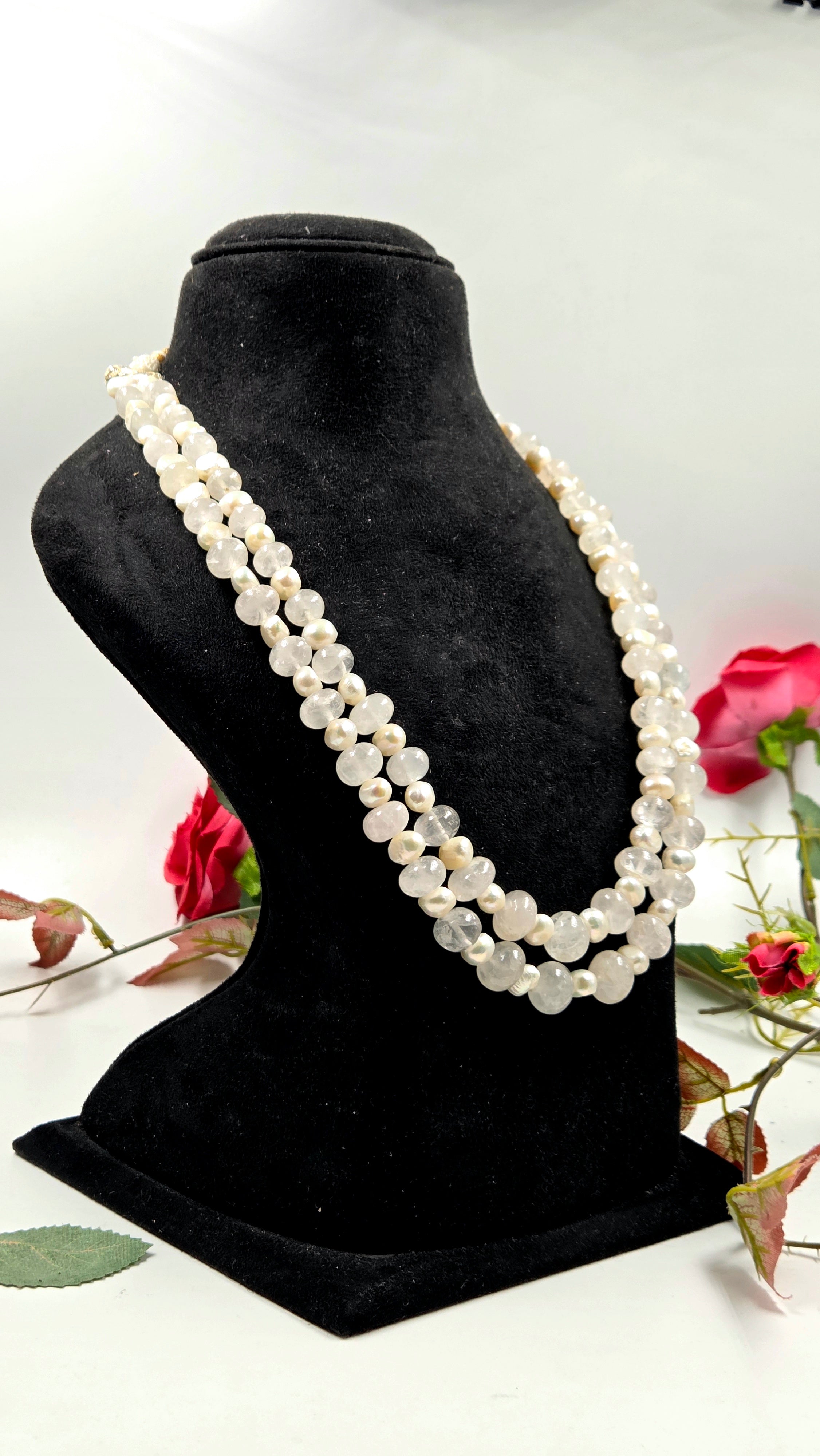 Rose Quartz & Freshwater Pearl Sarafa Style Dual-Line Necklace