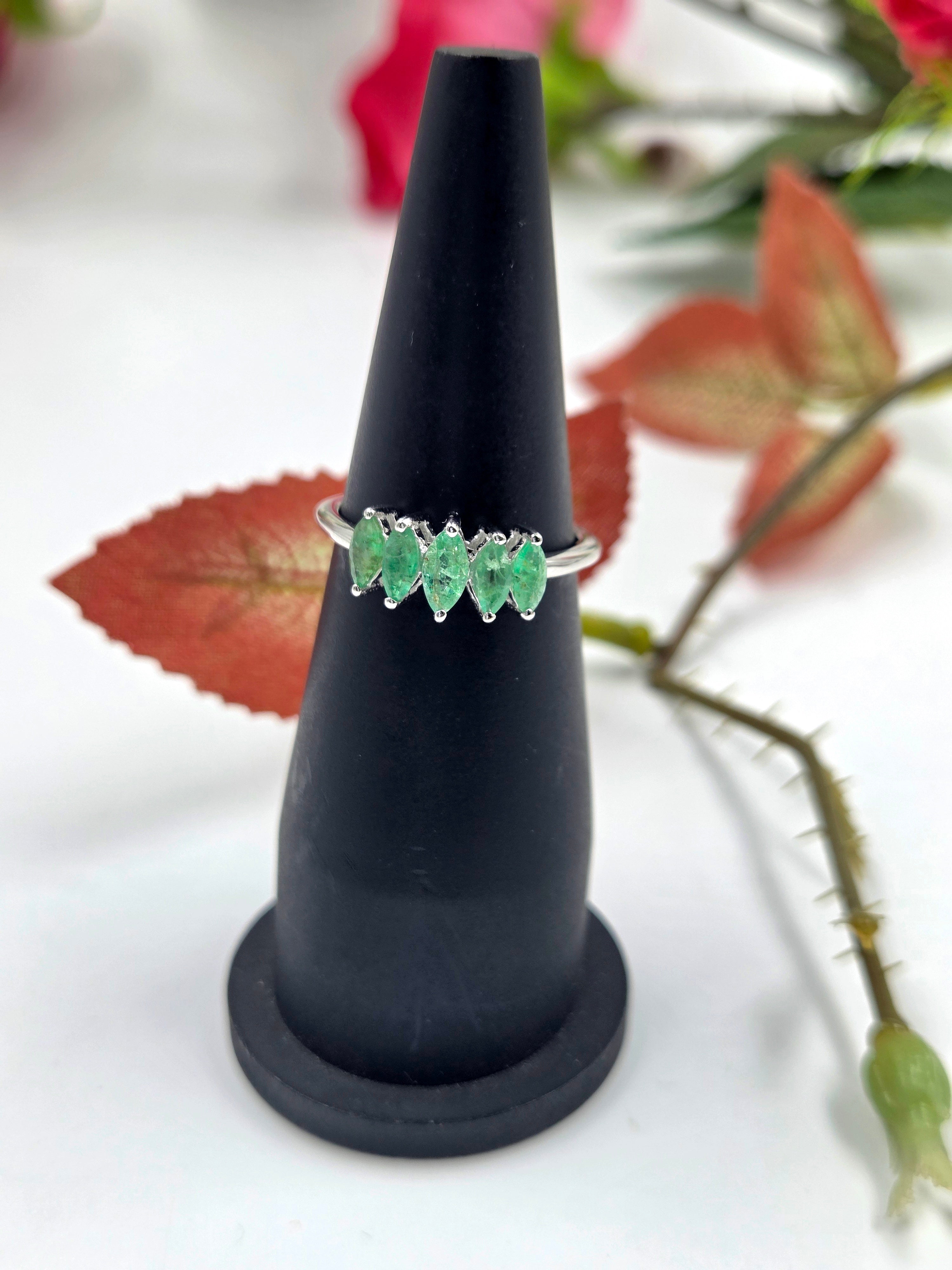 Natural Emerald Ring – Sterling Silver, Marquise-Cut Shape.