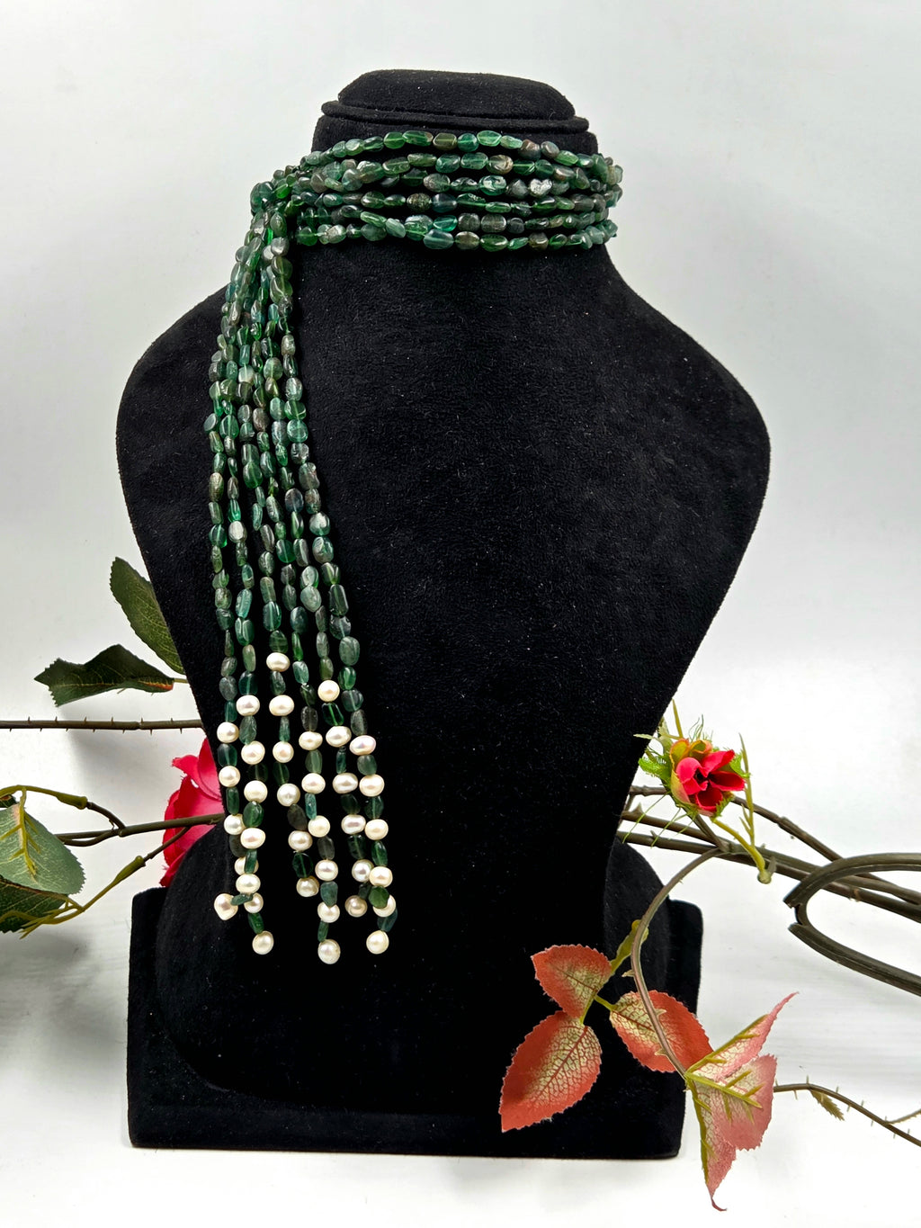 3-Strand Green Aventurine Scarf Necklace with Freshwater Pearls