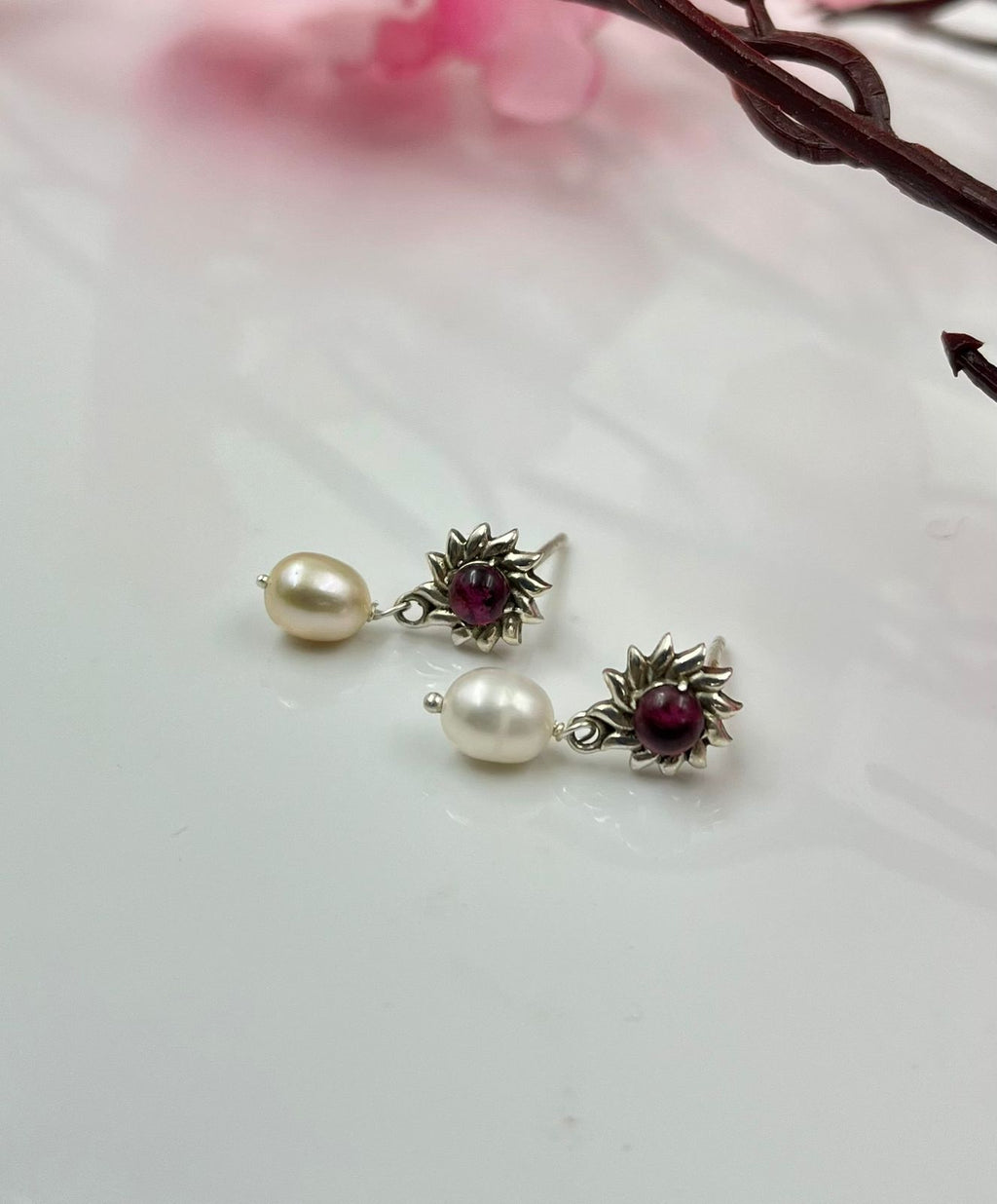 Sterling Silver Earrings with Garnet and Freshwater Pearl Drop