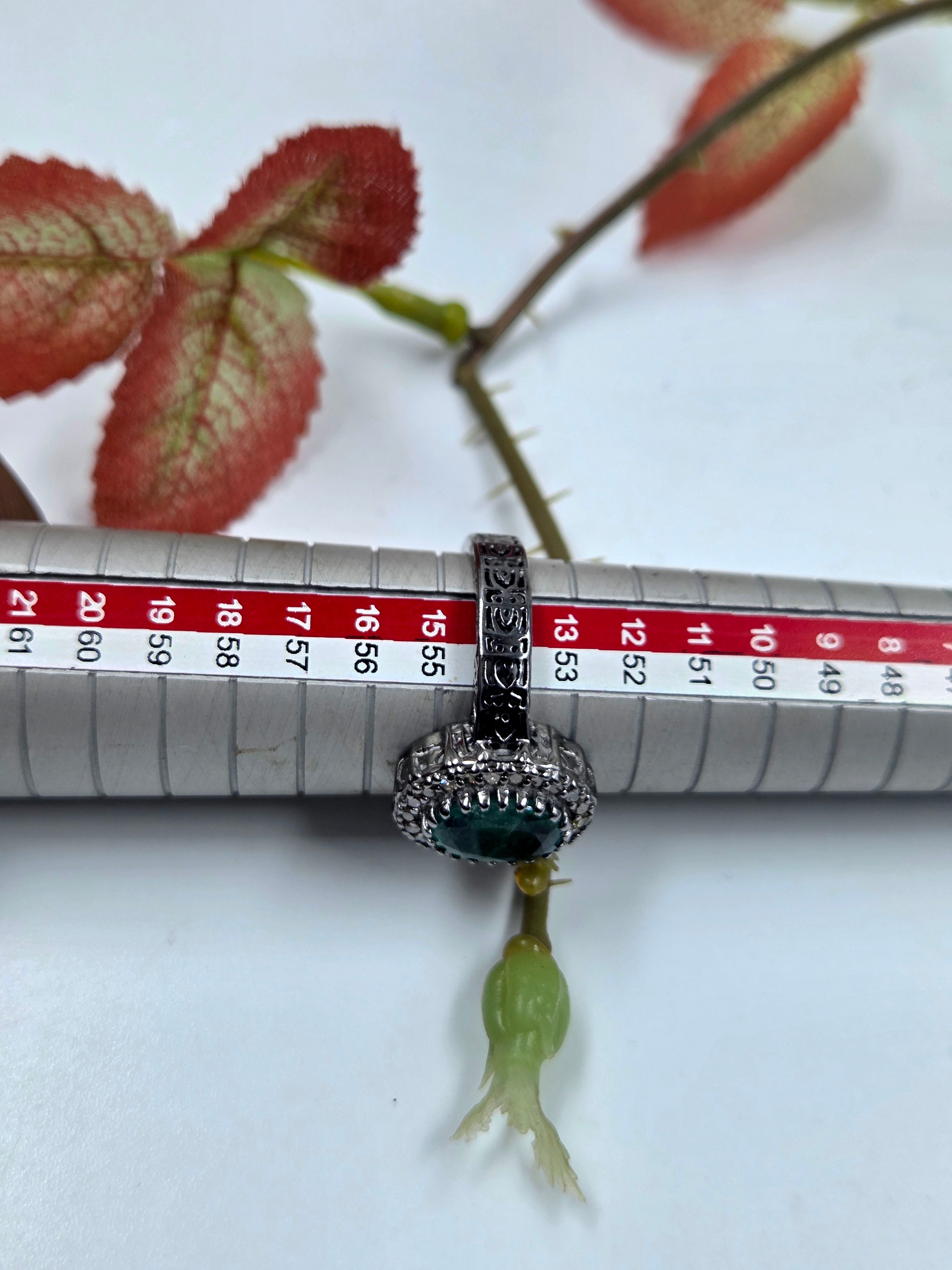 Natural Emerald and Natural Diamond Ring in Sterling Silver – Victorian Design