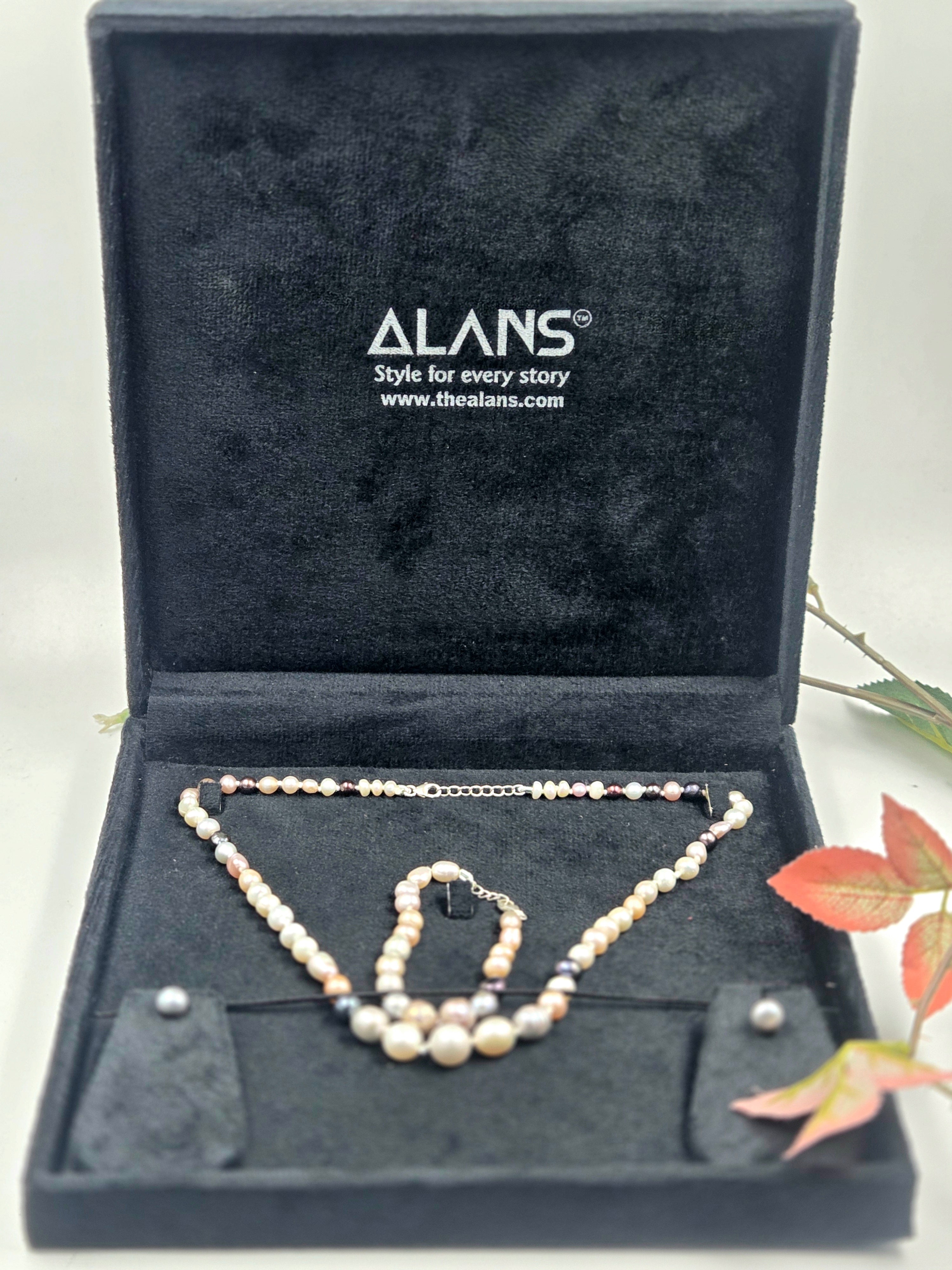Multi-Color Freshwater Pearl Necklace Set with Studs & Bracelet in Sterling Silver