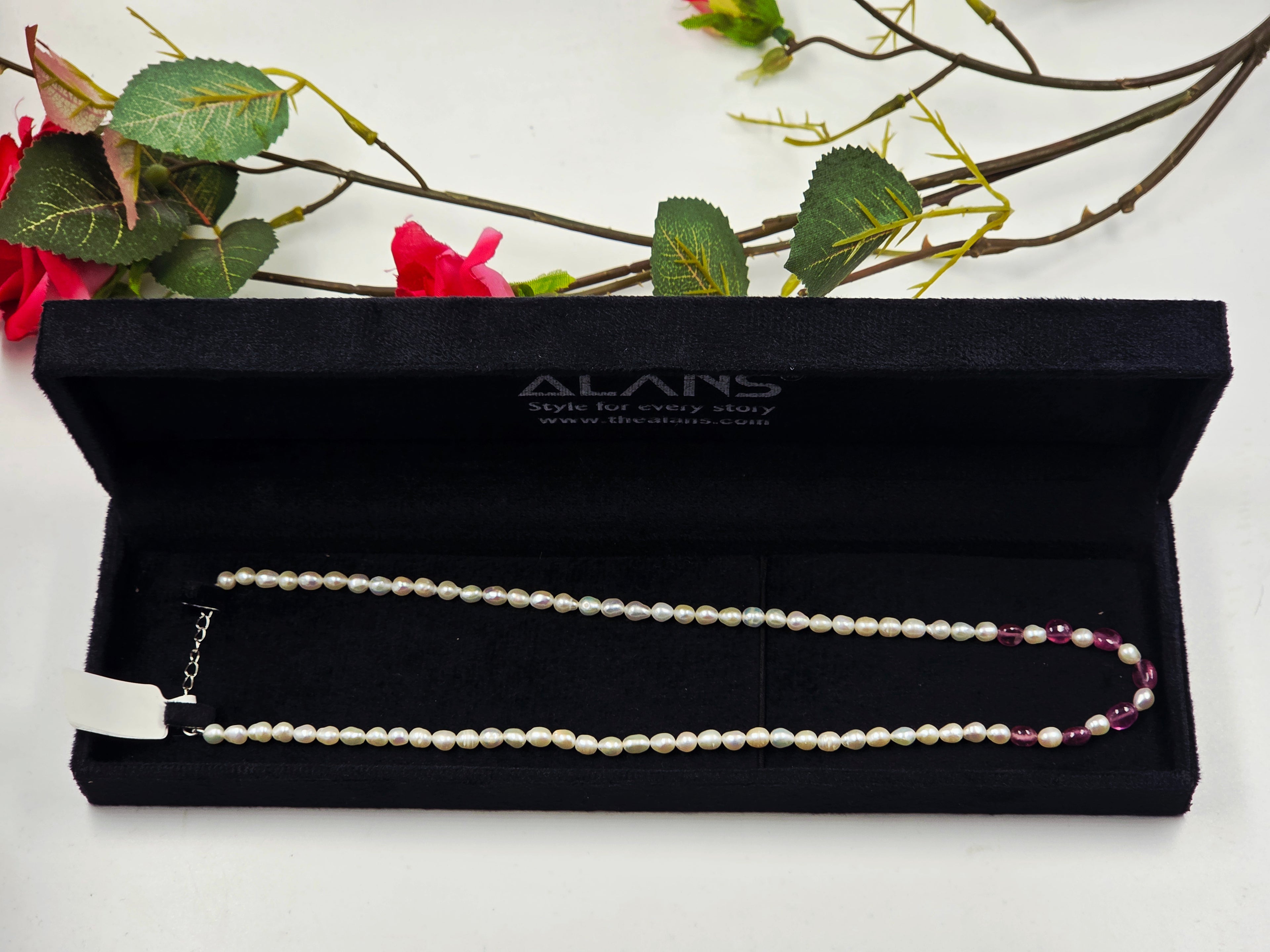 GF Ruby & Freshwater Pearl Necklace with Sterling Silver Lock