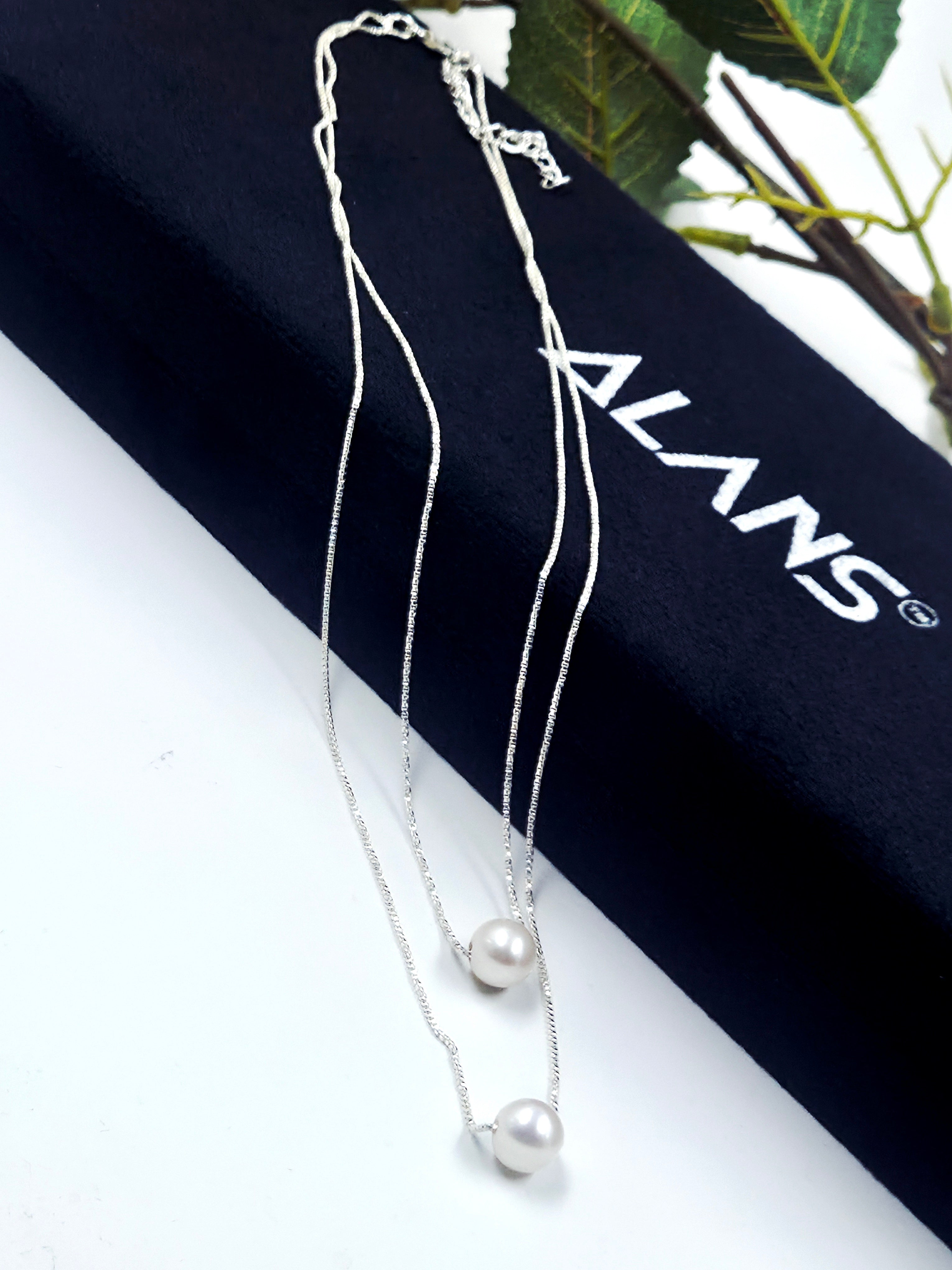 Double-Layer Freshwater Pearl Necklace with Stud Earrings in Sterling Silver