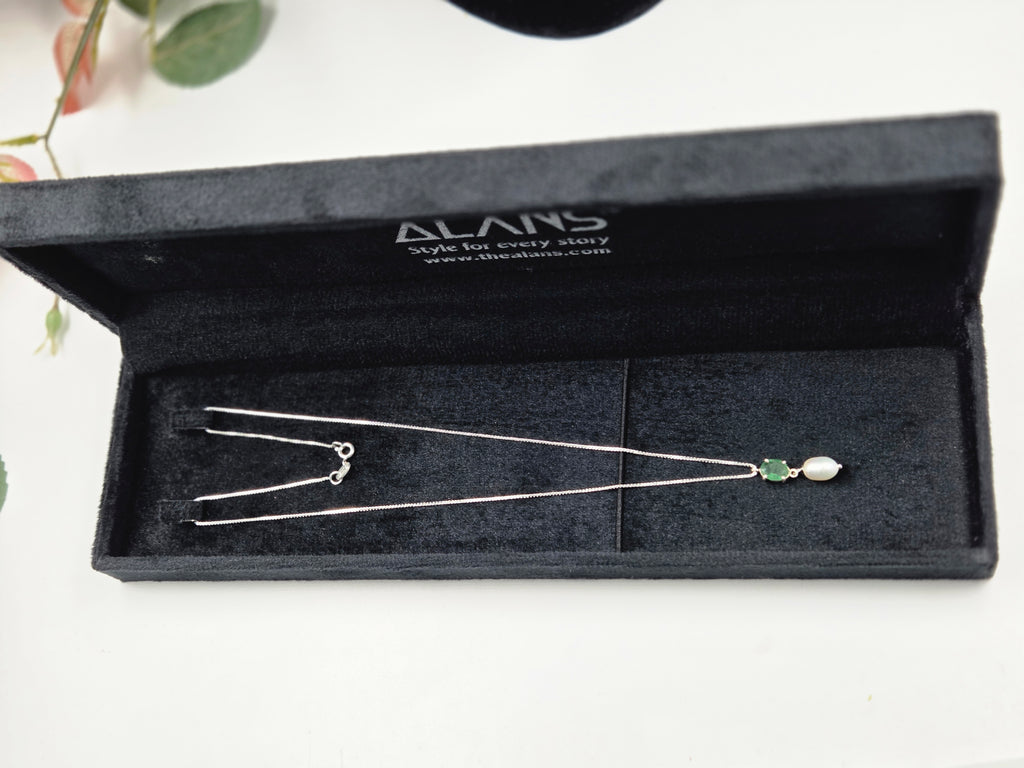 Natural Emerald Necklace with Freshwater Pearl Drop in Sterling Silver